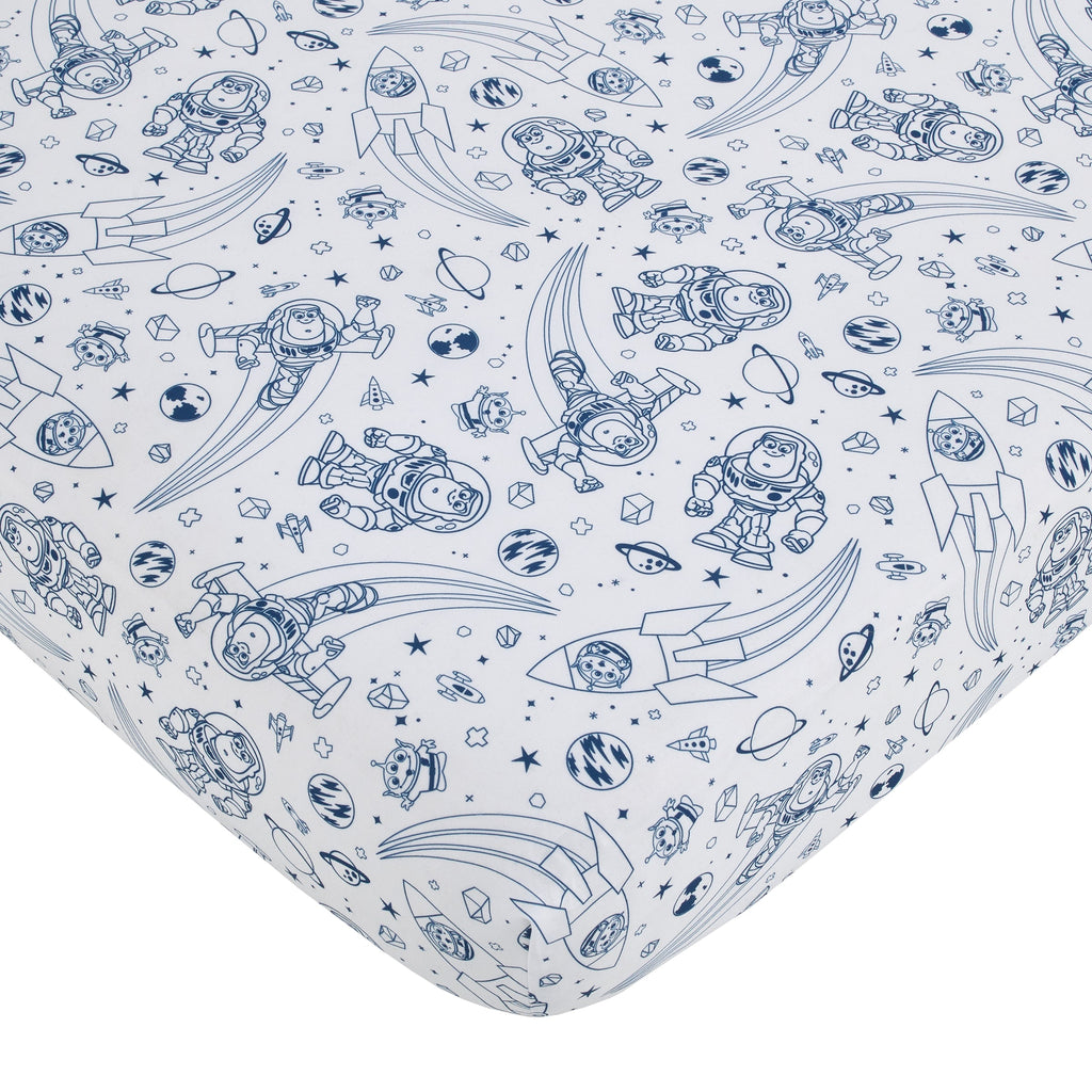 Toy Story Outta This World Blue and Gray Buzz Lightyear 4 Piece Nursery Crib Bedding Set - Comforter, Fitted Crib Sheet, Changing Pad Cover, and Crib Skirt
