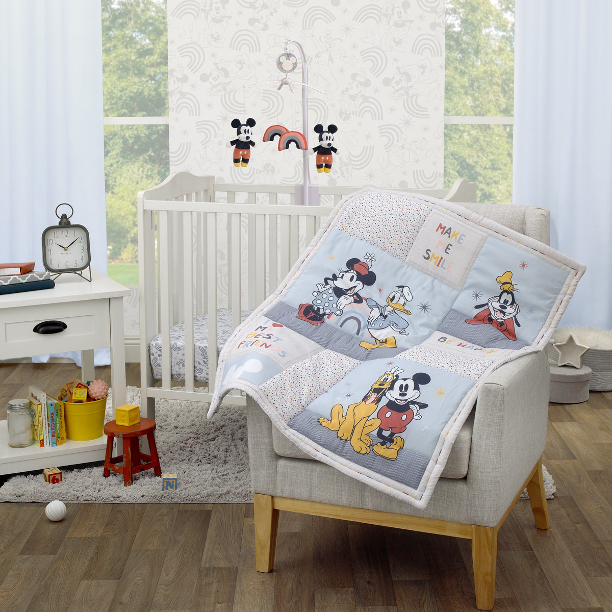 Mickey and Friends Blue, Oatmeal, and Red Mickey Mouse, Minnie Mouse, Donald Duck, Pluto and Goofy 3 Piece Nursery Mini Crib Bedding Set - Comforter and Two Fitted Mini Crib Sheets