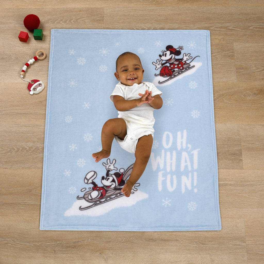 Disney Mickey and Minnie Mouse Blue, White and Red Winter Holiday "Oh, What Fun!" Snowflakes Photo Op Super Soft Baby Blanket