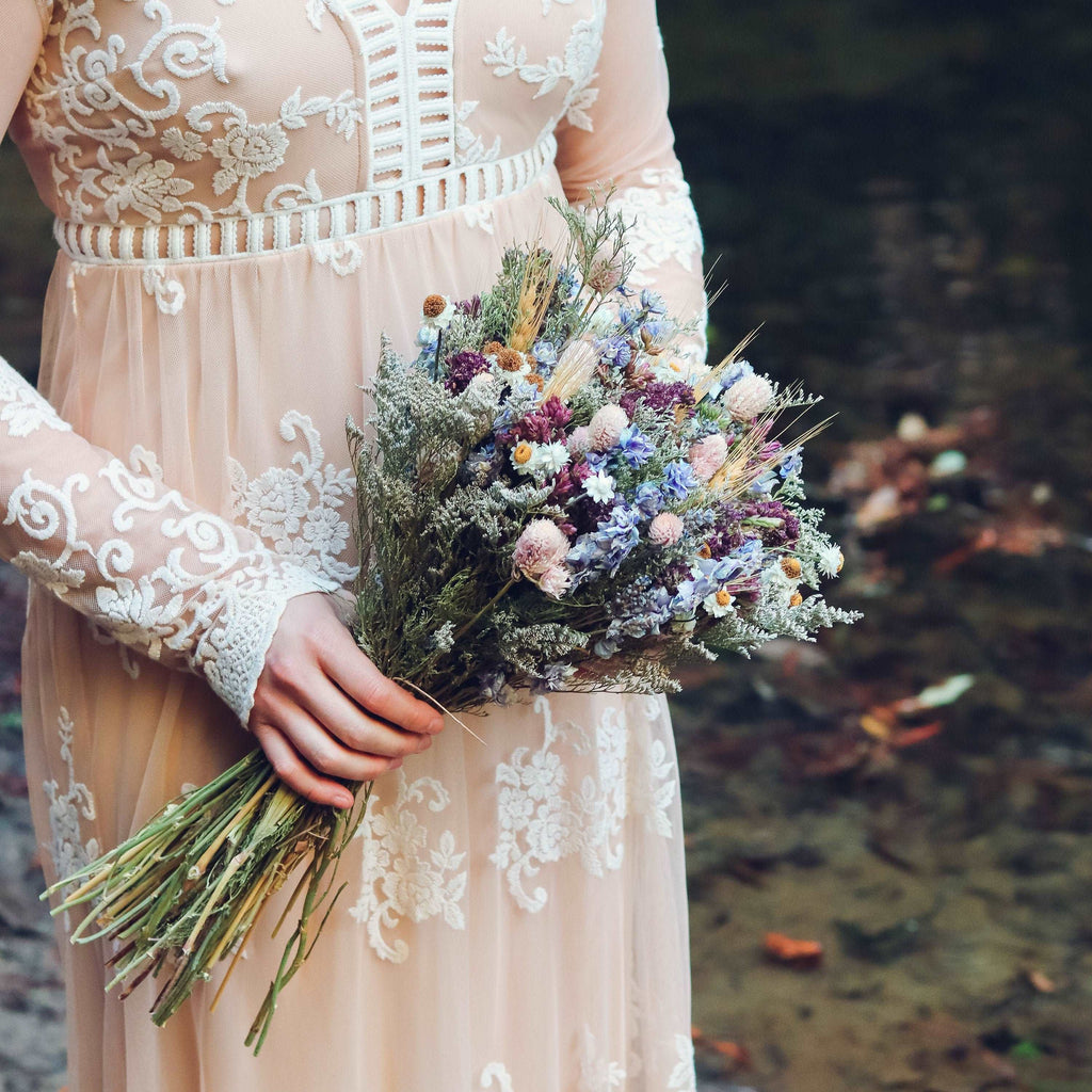 Dried Flower Bouquet with Blue Lavender, Pink Gomphrena, Daisies, Wheat & Oregano