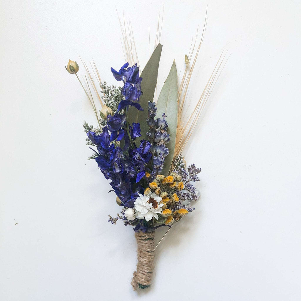 Dried Flower Bouquet – Blue Larkspur, Yarrow, Daisies & Eucalyptus – Rustic Farm-Grown California Wedding & Home Décor Arrangement