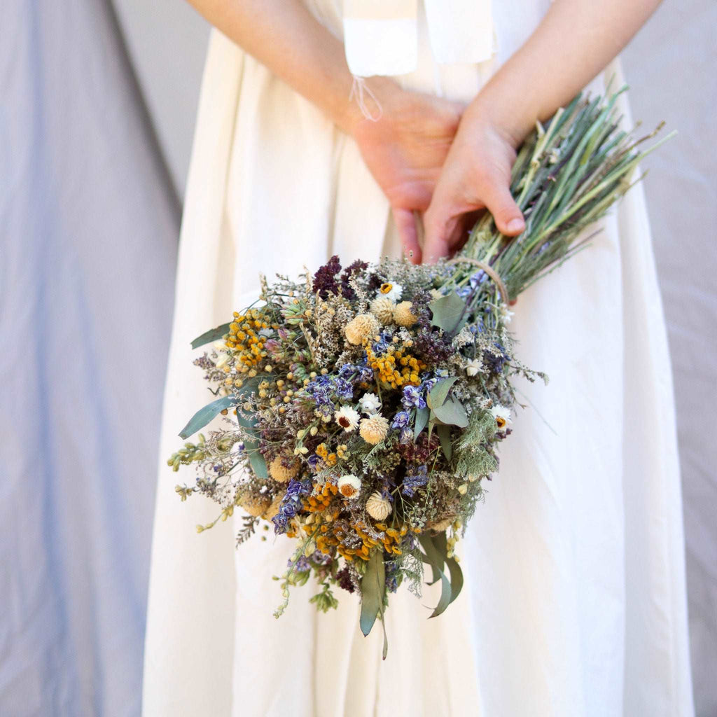 Dried Flower Bouquet – Blue Larkspur, Yarrow, Daisies & Eucalyptus – Rustic Farm-Grown California Wedding & Home Décor Arrangement