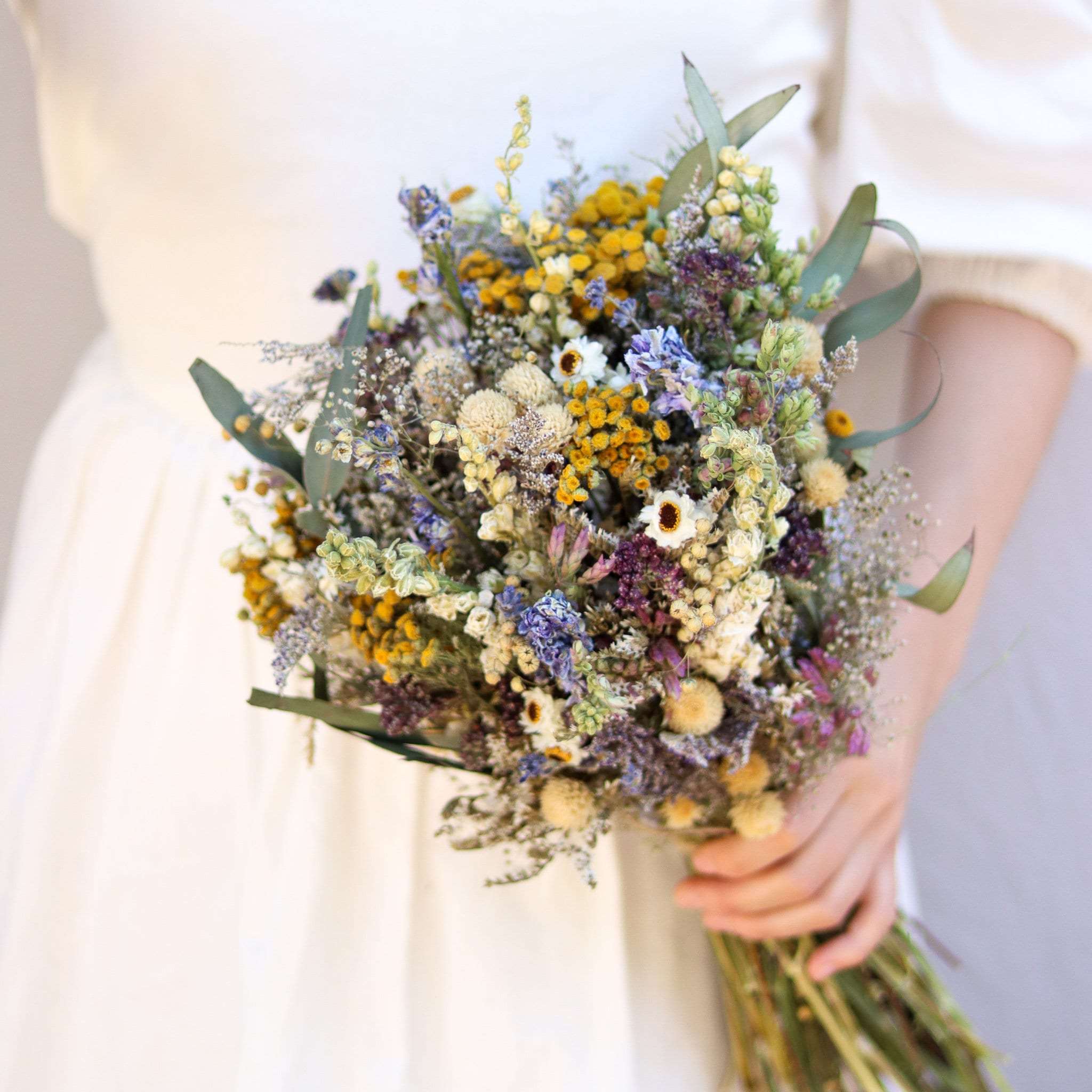 Dried Flower Bouquet – Blue Larkspur, Yarrow, Daisies & Eucalyptus – Rustic Farm-Grown California Wedding & Home Décor Arrangement