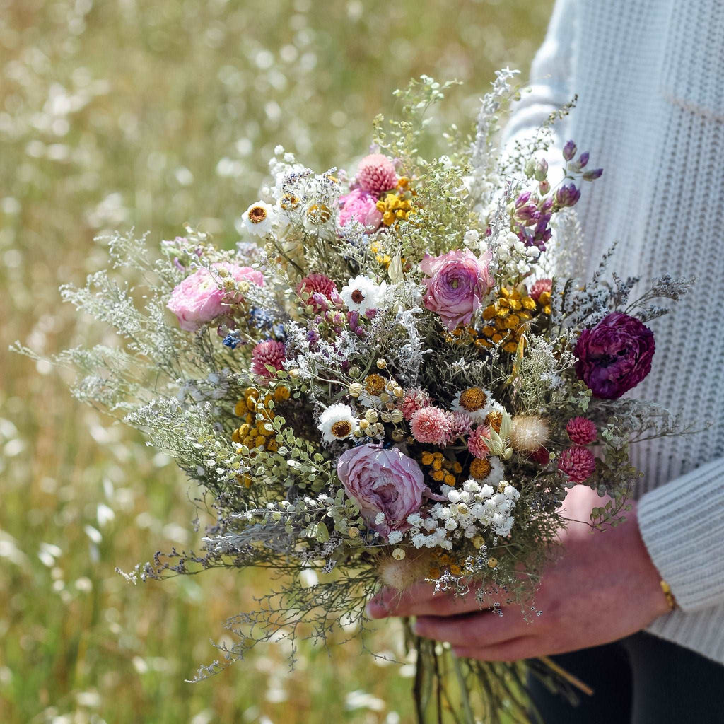 Dried Flower Bouquet with Ranunculus, Yarrow, Daisies & Baby’s Breath