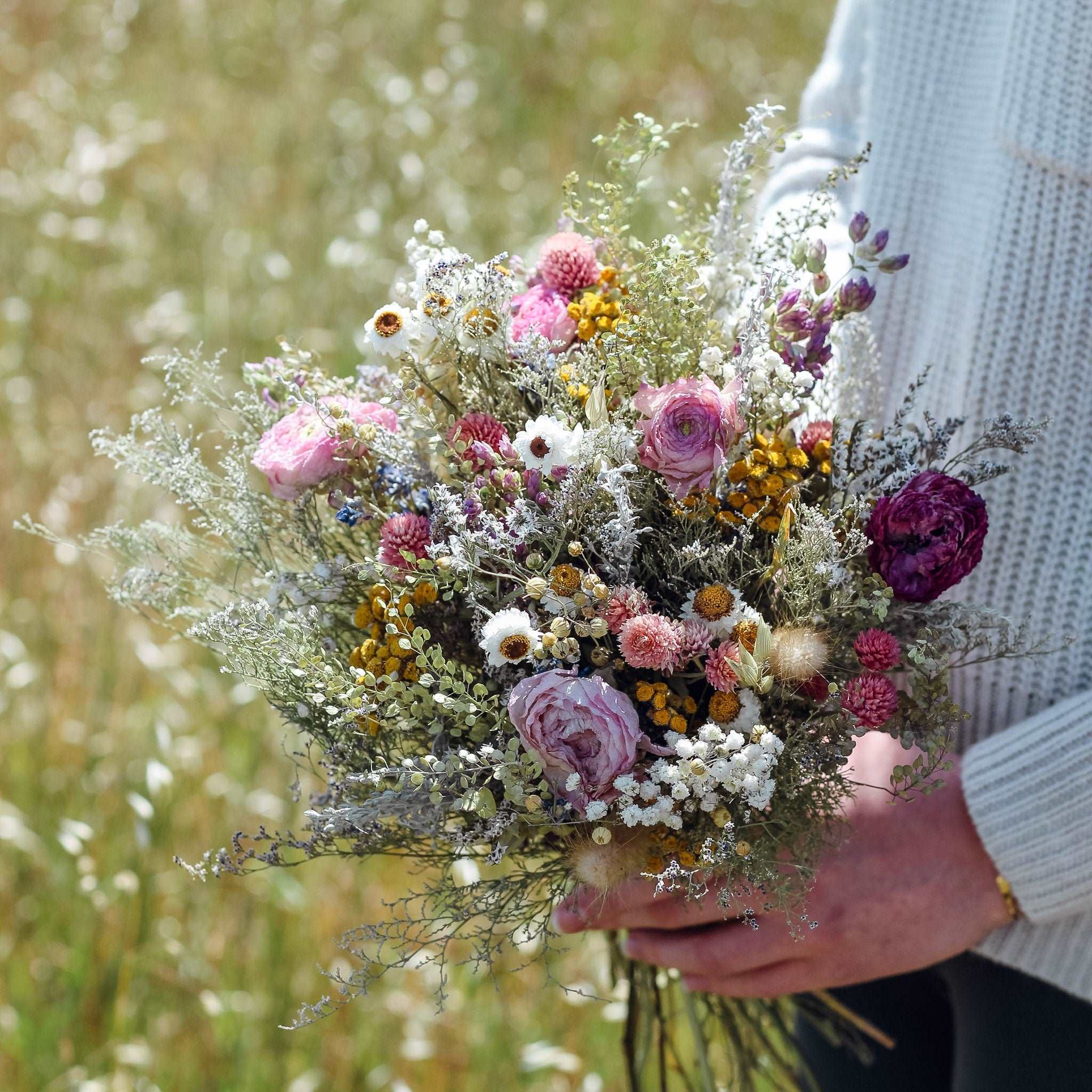 Dried Flower Bouquet with Ranunculus, Yarrow, Daisies & Baby’s Breath