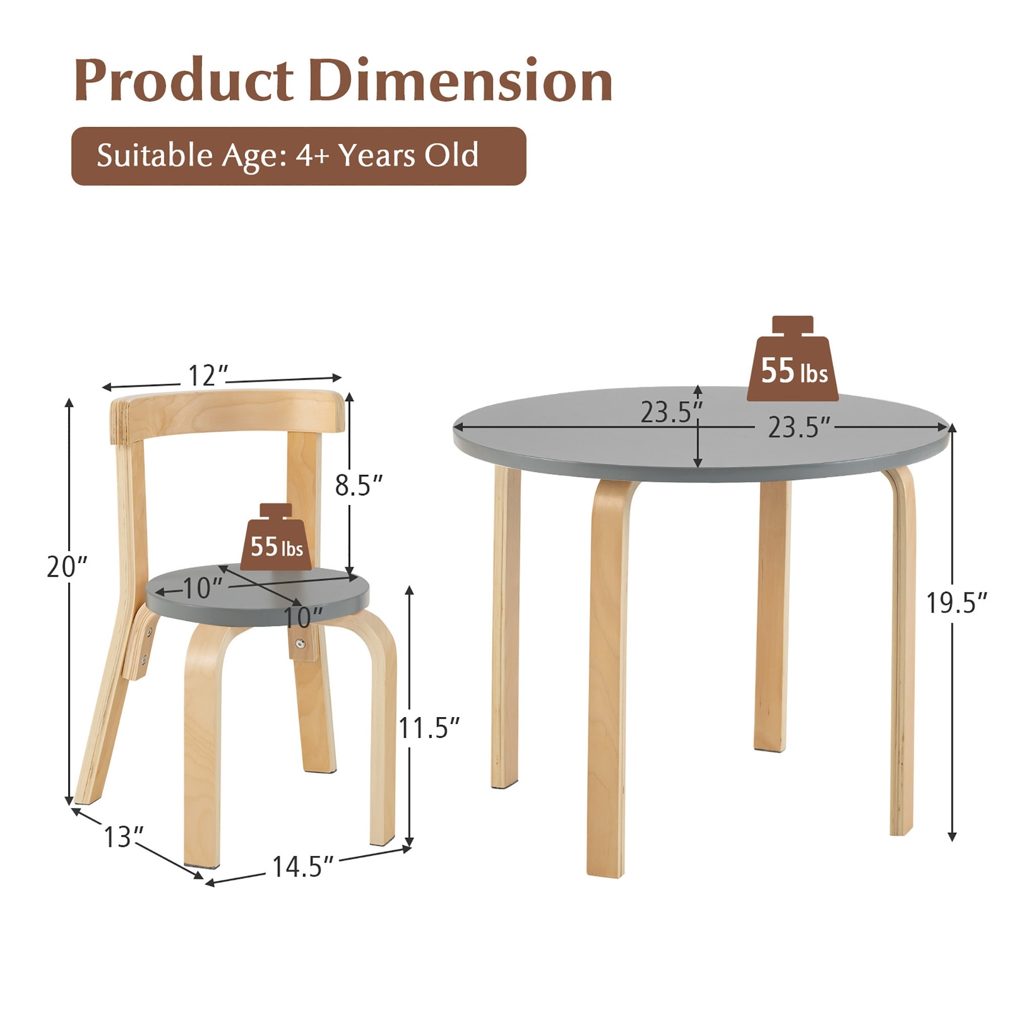 5-Piece Kids Wooden Curved Back Activity Table and Chair Set with