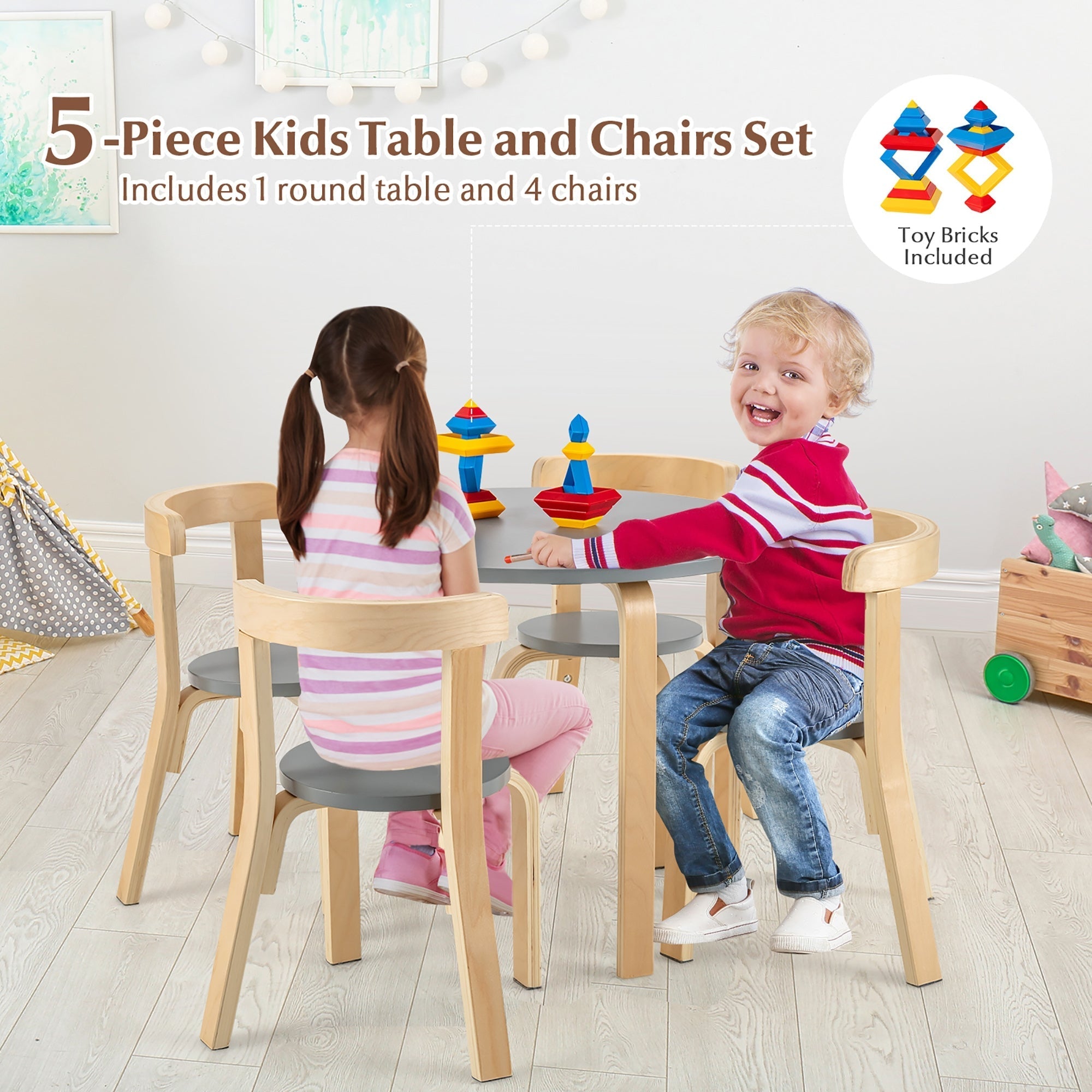 5-Piece Kids Wooden Curved Back Activity Table and Chair Set with