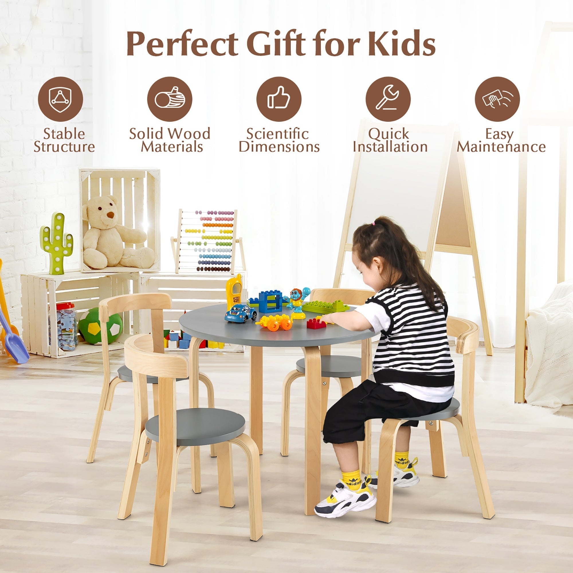 5-Piece Kids Wooden Curved Back Activity Table and Chair Set with
