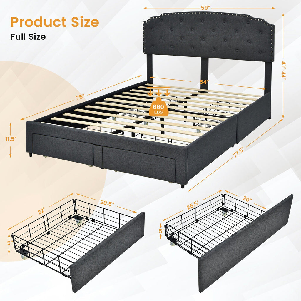 Platform Bed Frame with 4 Storage Drawers and Adjustable Headboard