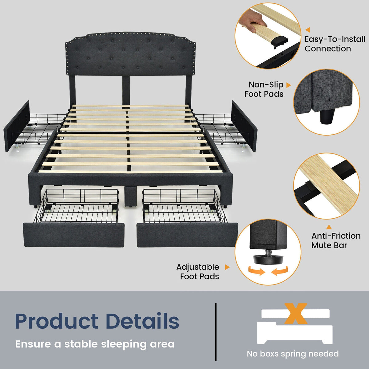 Platform Bed Frame with 4 Storage Drawers and Adjustable Headboard
