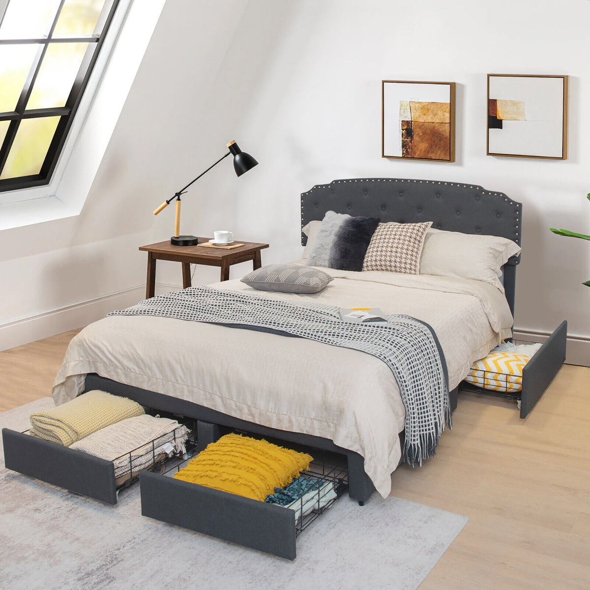 Platform Bed Frame with 4 Storage Drawers and Adjustable Headboard