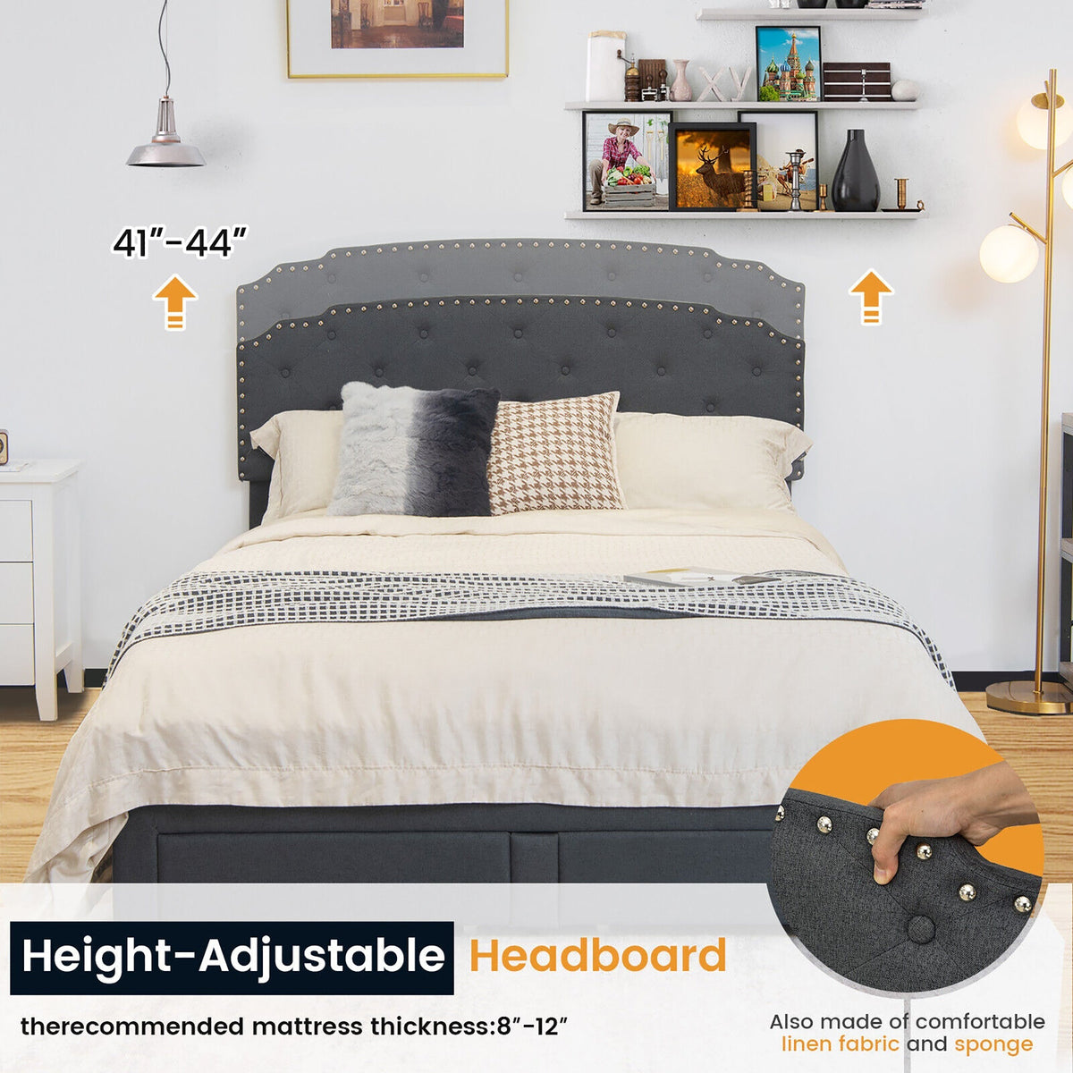 Platform Bed Frame with 4 Storage Drawers and Adjustable Headboard