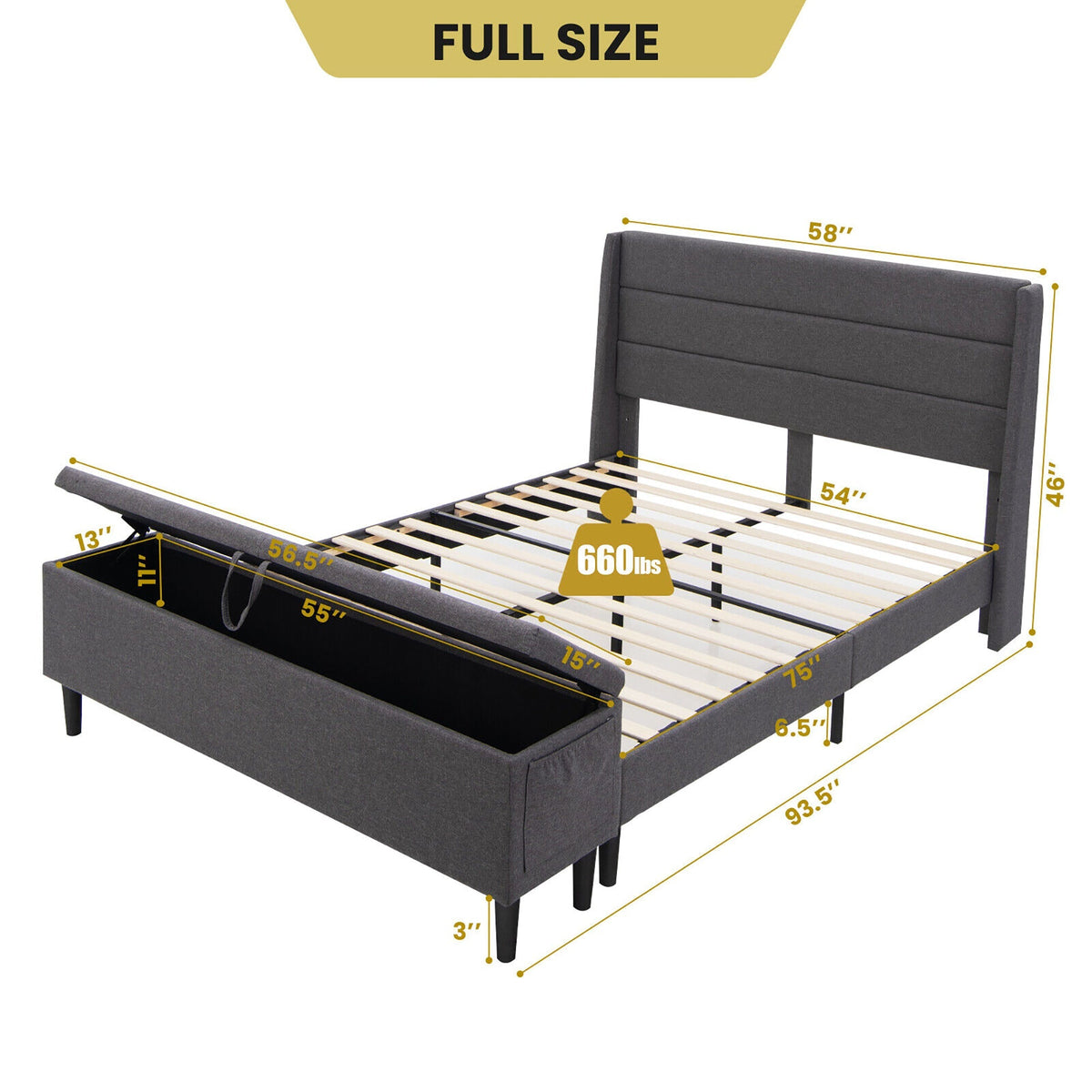 Full/Queen Size Upholstered Platform Bed Frame with Storage Ottoman