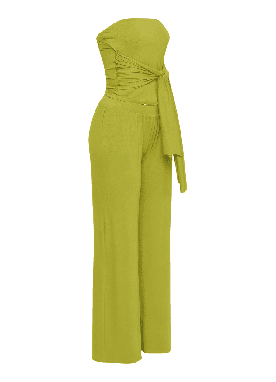 Strapless Tie Waist Wide Leg Pant Set
