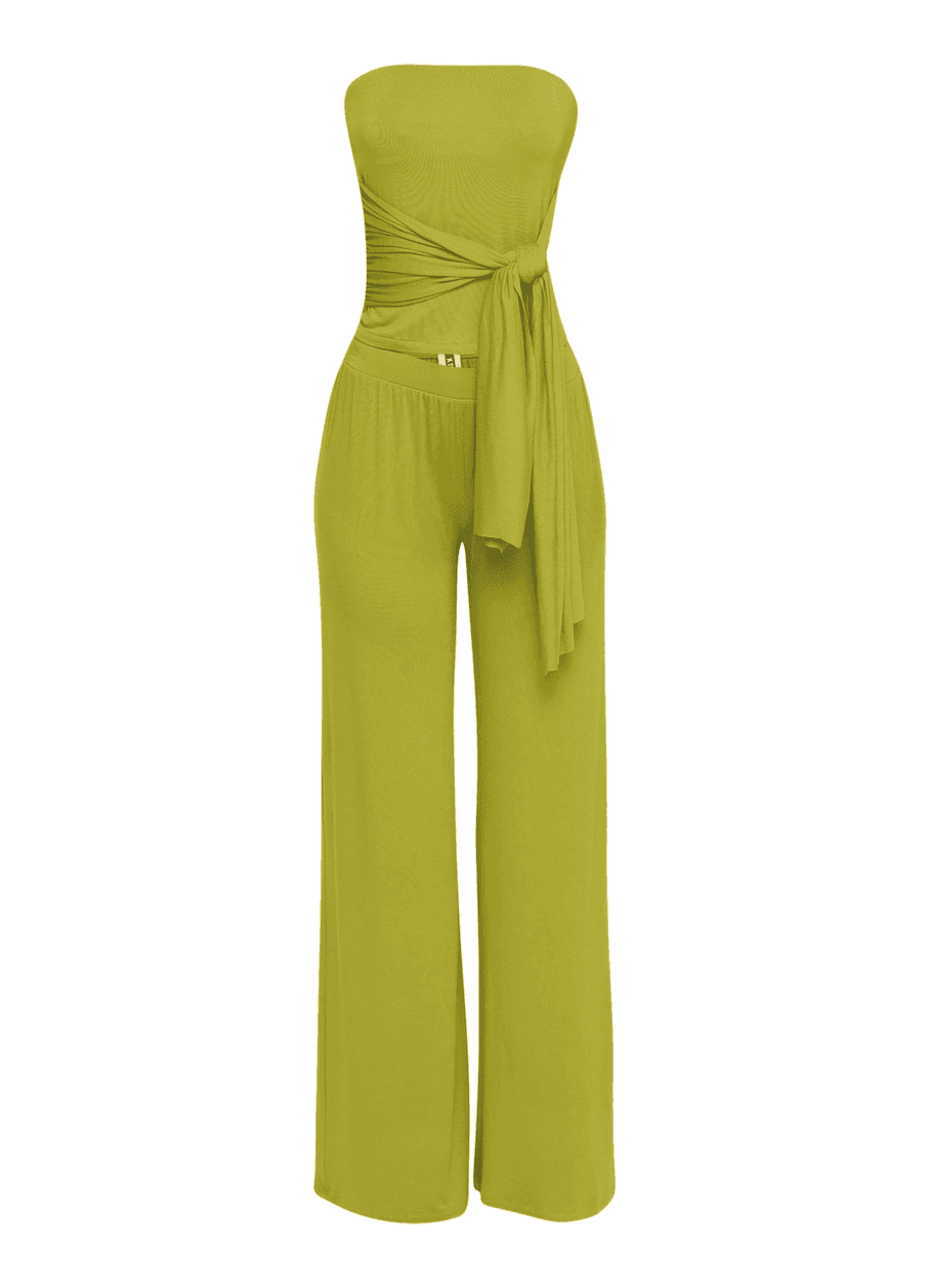 Strapless Tie Waist Wide Leg Pant Set
