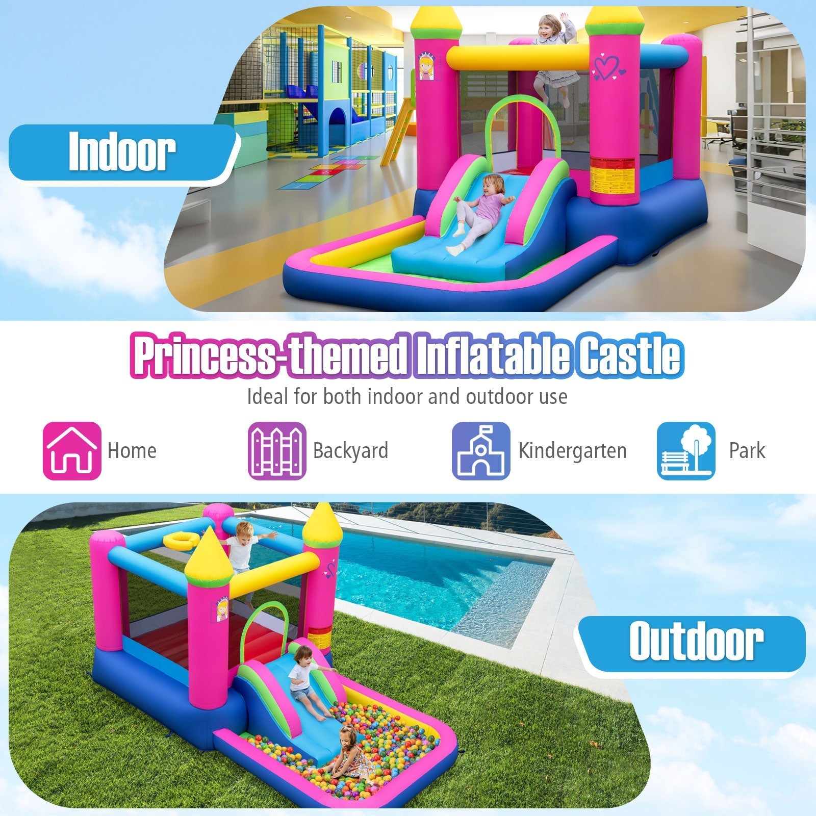Inflatable Bounce House 4-in-1 Kids Princess-themed Bouncer Blow-up Bouncy Castle with 480 Blower