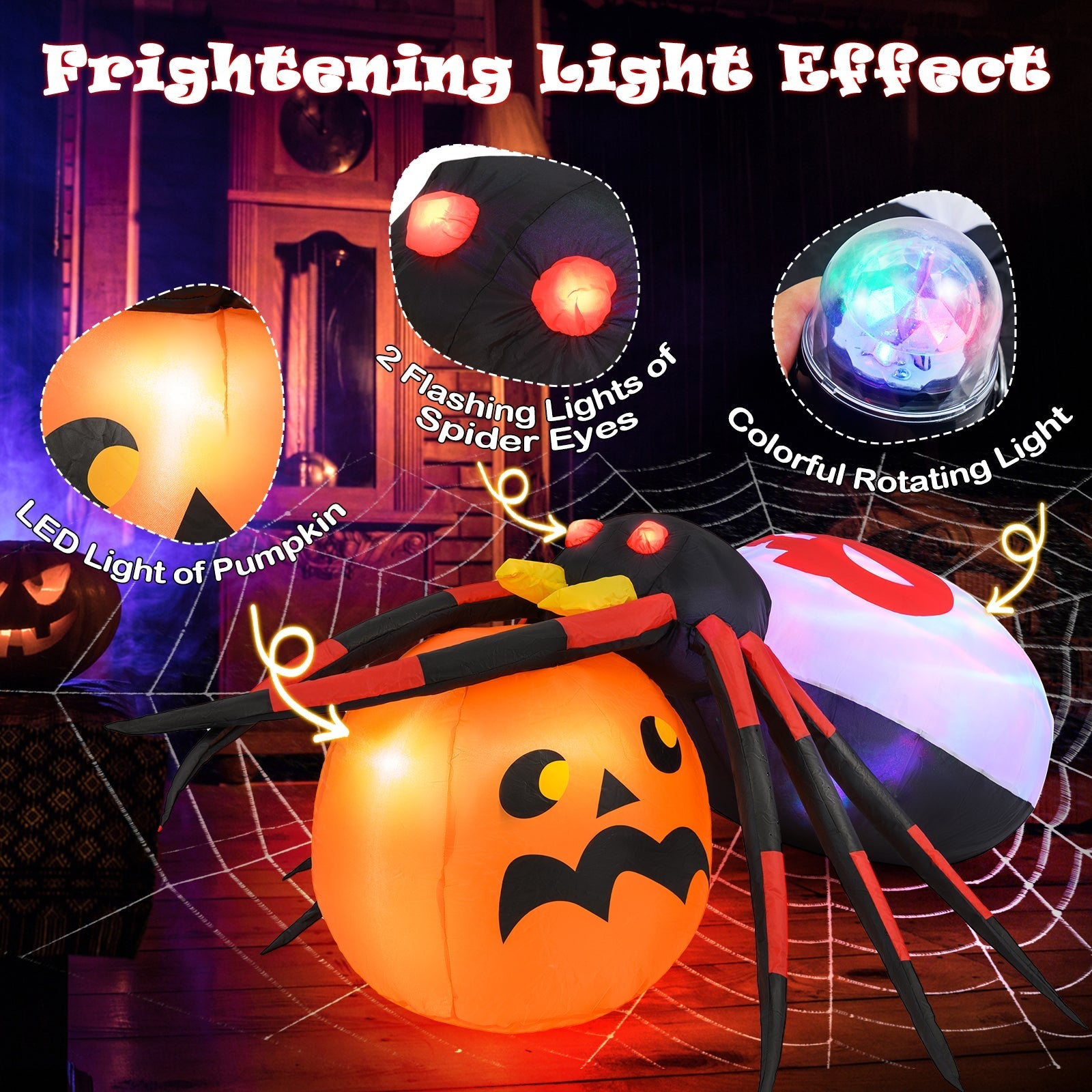 4.9 x 4.6 Feet Inflatable Spider with Pumpkin and Rotating Light