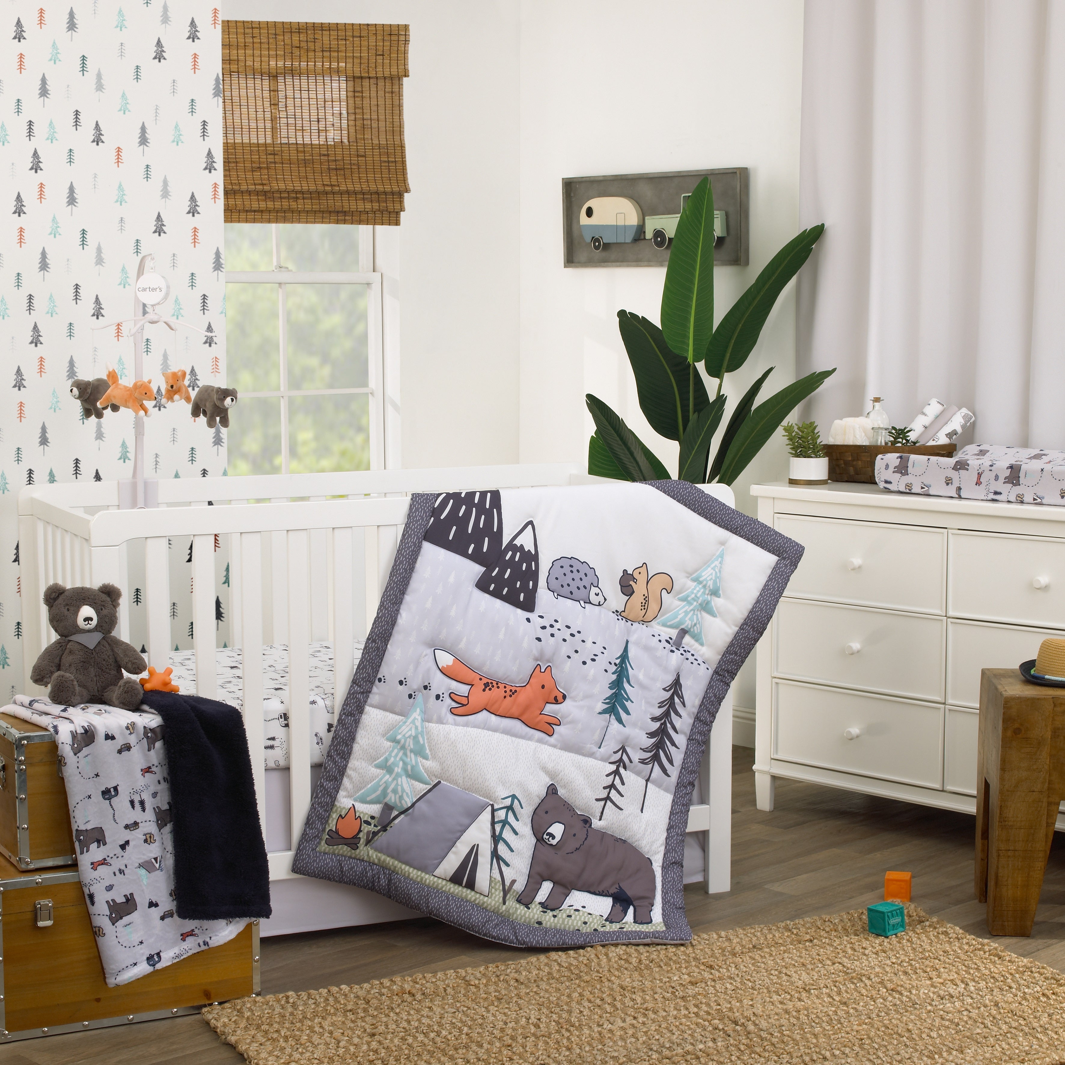 Woodland Friends White and Multi Colored Bear, Fox, Squirrel, Tree, and Camper Fitted Crib Sheet