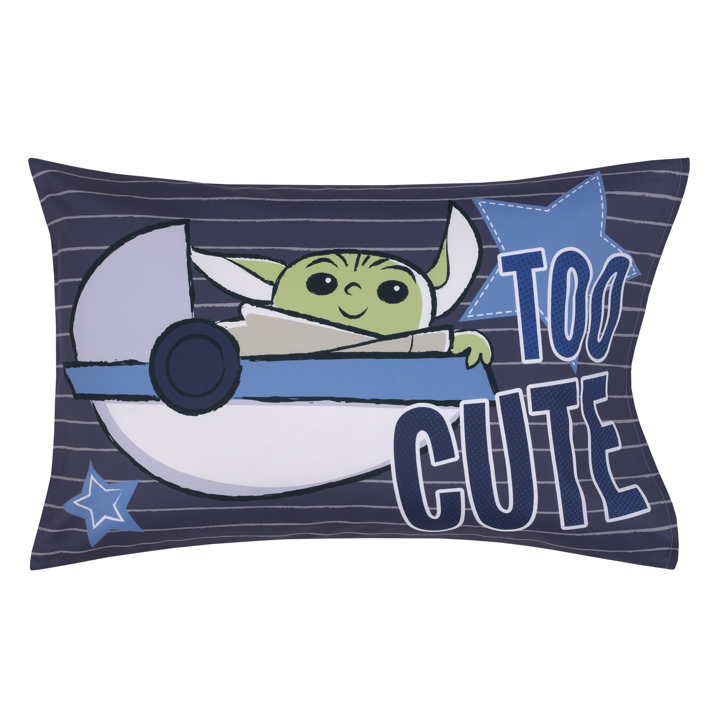 The Child Cutest in the Galaxy Blue, Green and Gray, "Too Cute" Grogu, Stars, Hover Pod, and Sorgan Frog 4 Piece Toddler Bed Set - Comforter, Fitted Bottom Sheet, Flat Top Sheet, and Reversible Pillowcase