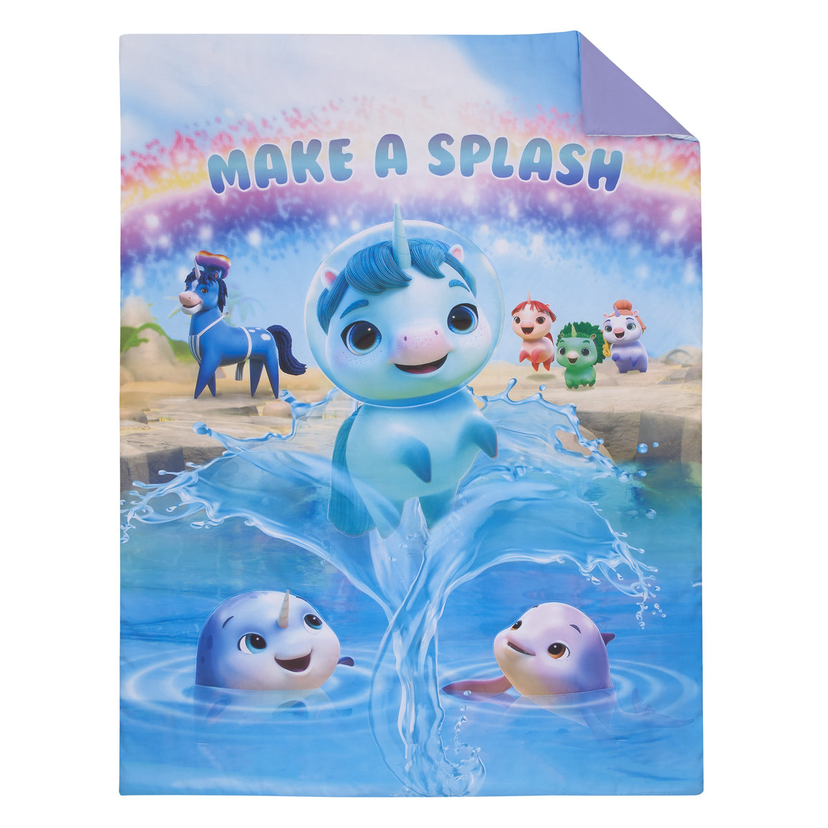 Not Quiet Narwhal Make A Splash Blue and Lavender, Unicorn Kelp, and Friends 4 Piece Toddler Bed Set - Comforter, Fitted Bottom Sheet, Flat Top Sheet, and Reversible Pillowcase