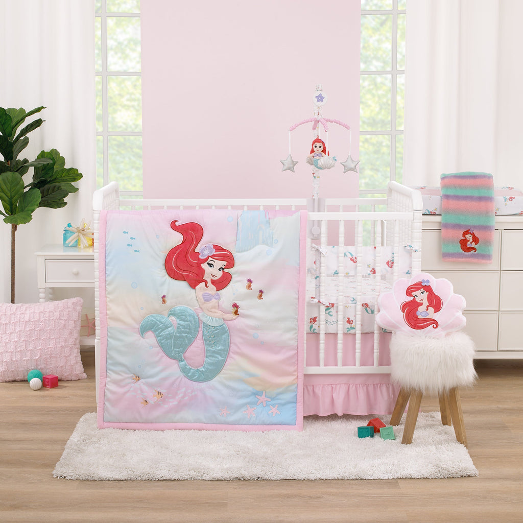 Ariel Watercolor Wishes Aqua, White, and Orange Crib Liner