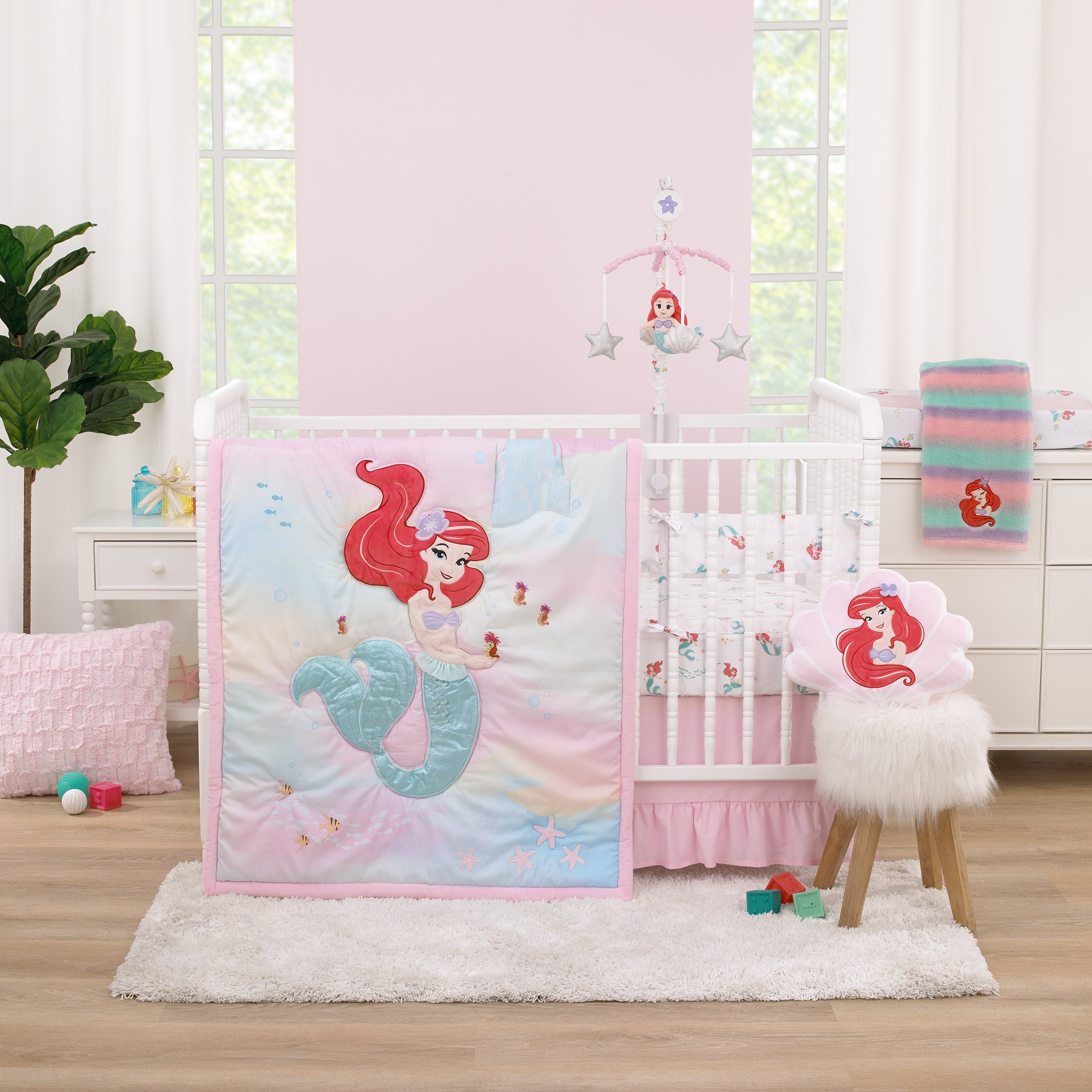 Ariel Watercolor Wishes Aqua, White, and Orange Crib Liner