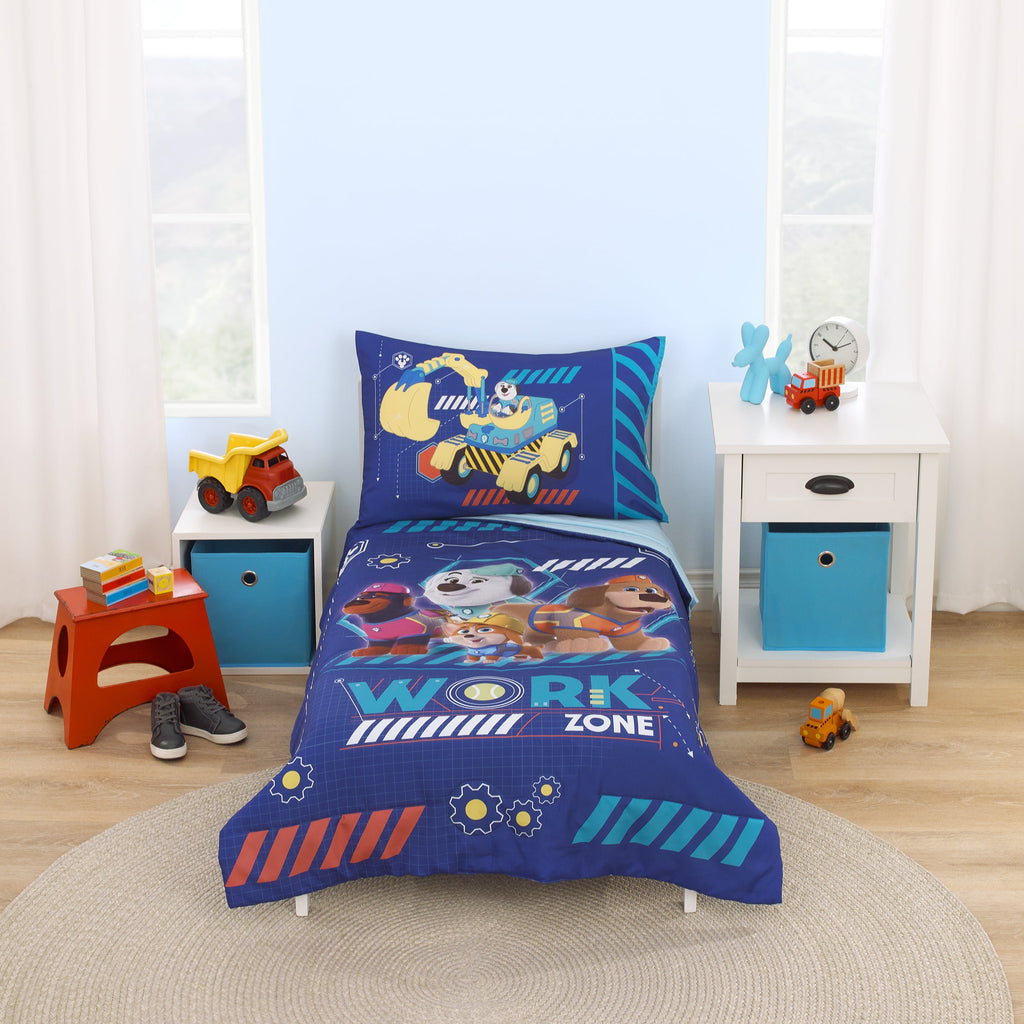 Pupstruction Work Zone Navy, Orange, Aqua, and Yellow 4 Piece Toddler Bed Set - Comforter, Fitted Bottom Sheet, Flat Top Sheet, and Reversible Pillowcase
