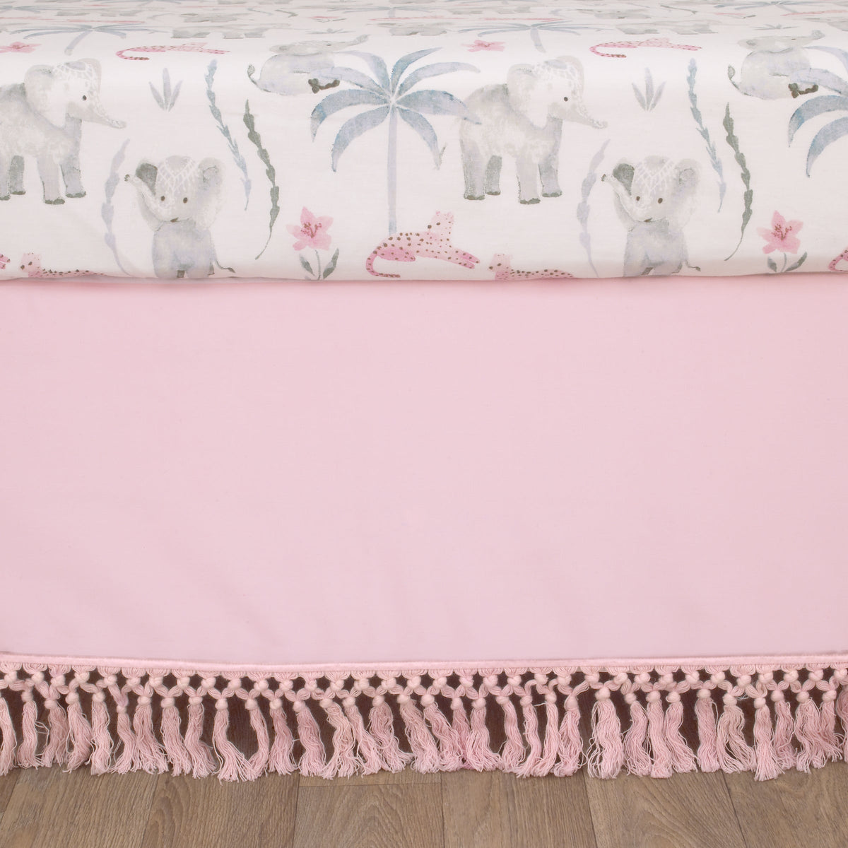 NoJo Tropical Princess Elephant /Jungle Pink and Green 4 Piece Crib Bedding Set - Comforter, Fitted Crib Sheet, Dust Ruffle and Storage