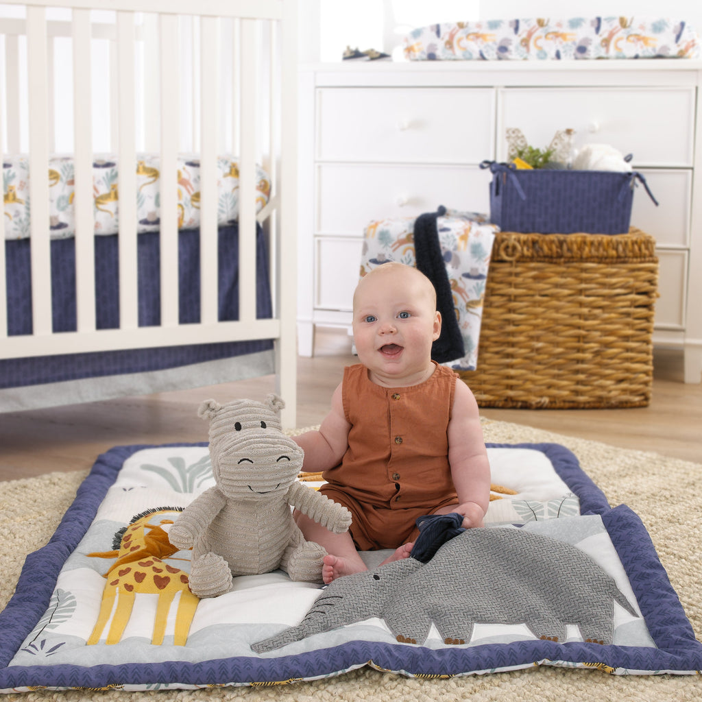 Wild Pals Navy, Gray, and Tan Safari Animals 4 Piece Nursery Crib Bedding Set - Comforter, 100% Cotton Fitted Crib Sheet, Crib Skirt and Nursery Organizer
