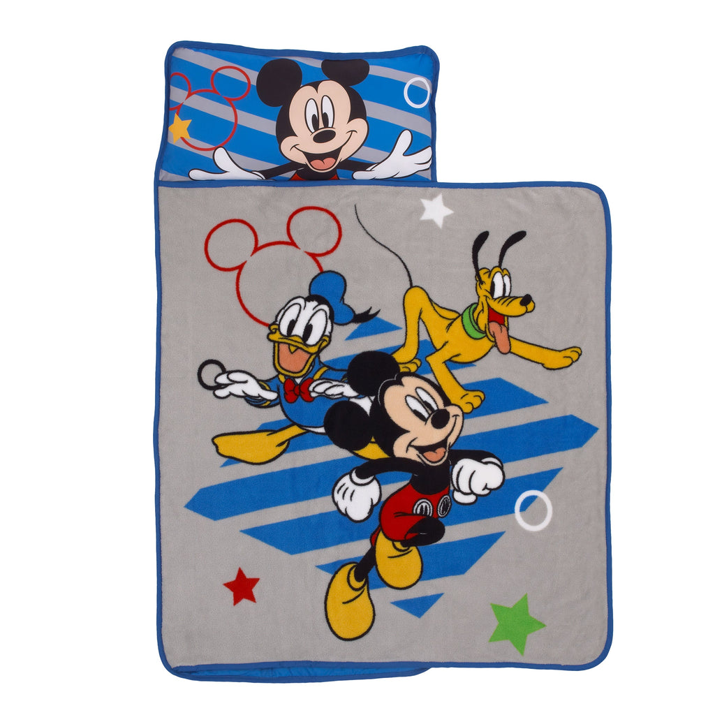 Mickey Mouse Clubhouse Buddies Padded Toddler Nap Mat With Built In Pillow, Fleece Blanket, and Name Label for Daycare, Kindergarten or Travel