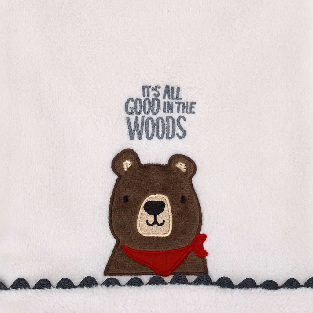 Into the Wilderness White, Navy, and Brown Bear 'It's All Good in the Woods' Super Soft Applique Baby Blanket with Trim