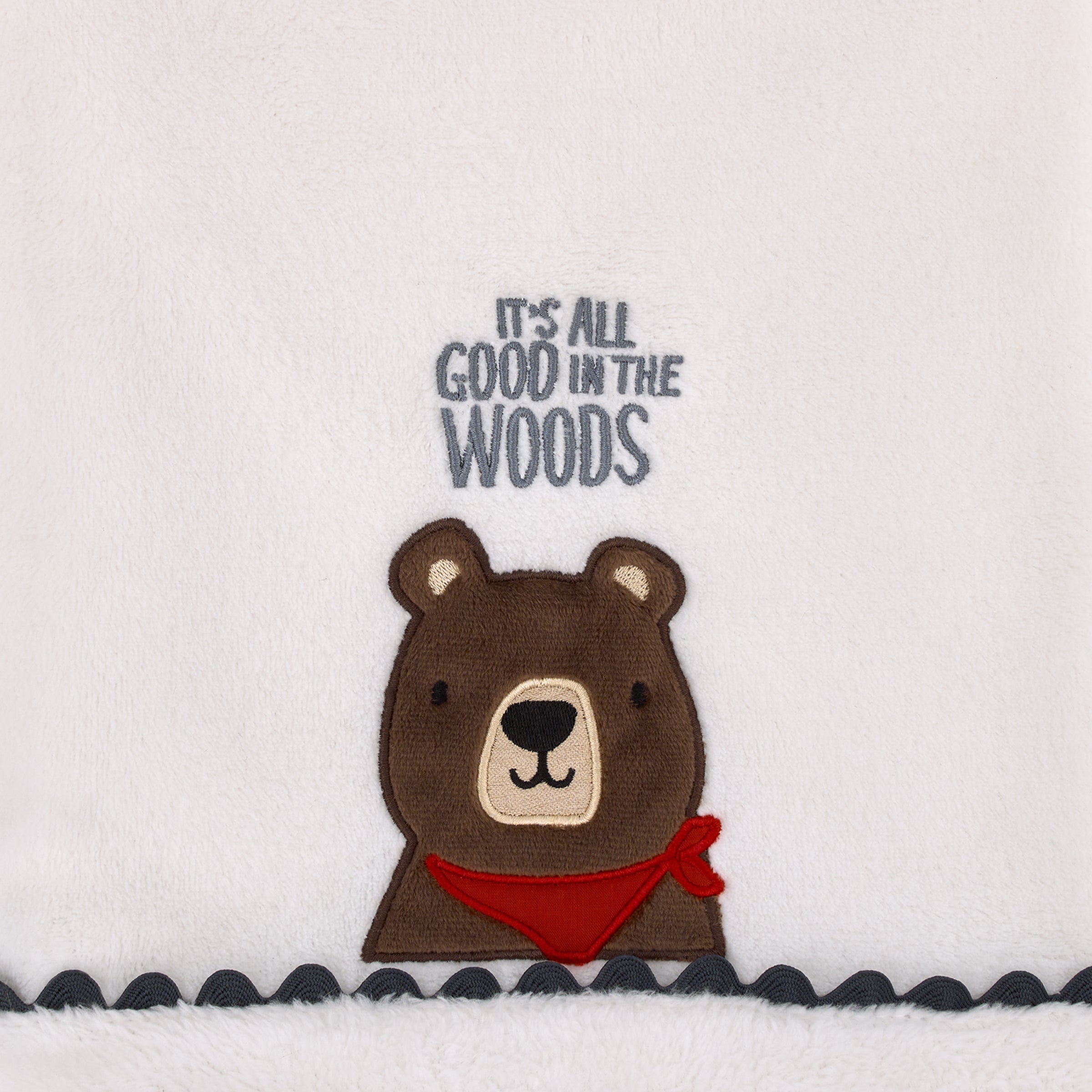 Into the Wilderness White, Navy, and Brown Bear 'It's All Good in the Woods' Super Soft Applique Baby Blanket with Trim