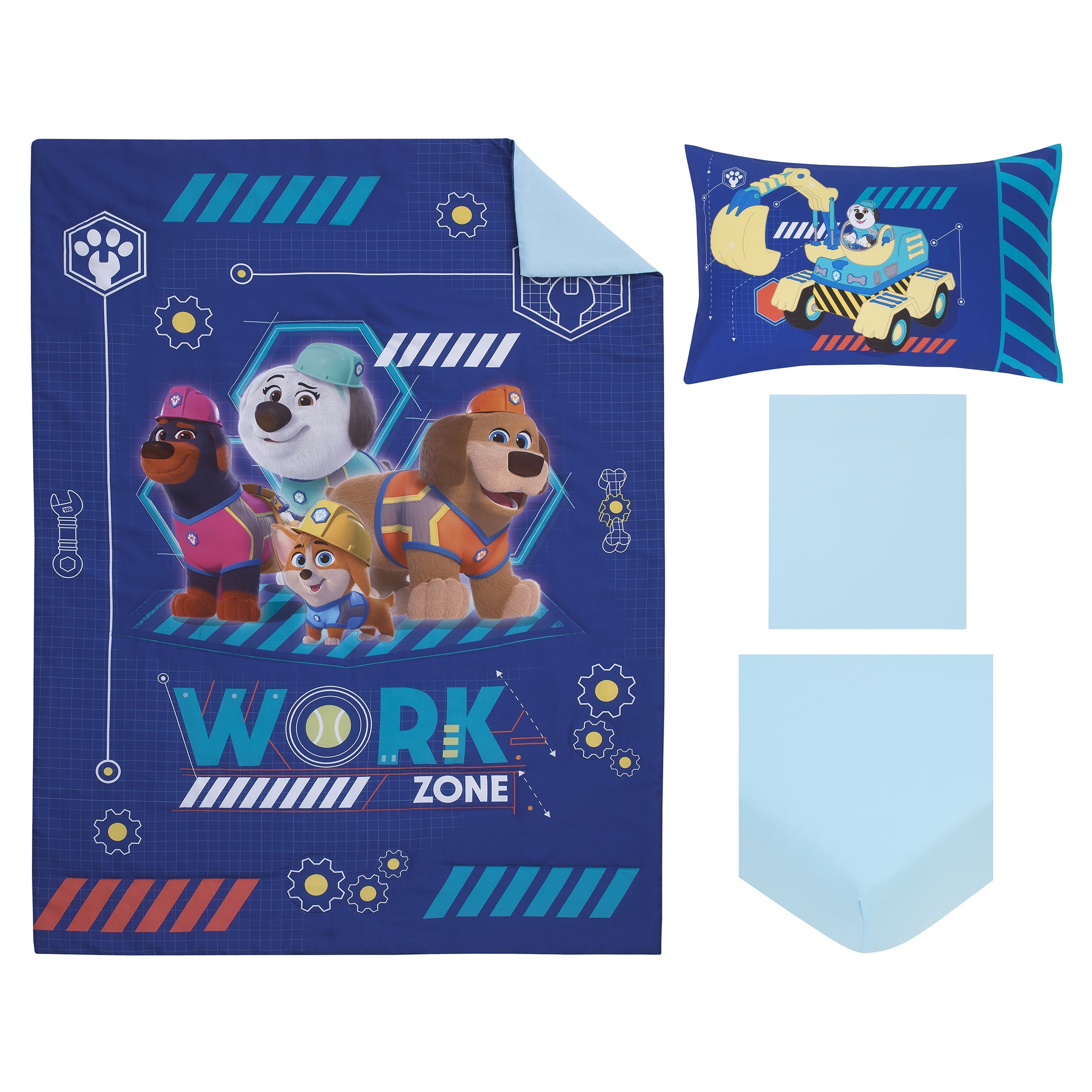 Pupstruction Work Zone Navy, Orange, Aqua, and Yellow 4 Piece Toddler Bed Set - Comforter, Fitted Bottom Sheet, Flat Top Sheet, and Reversible Pillowcase