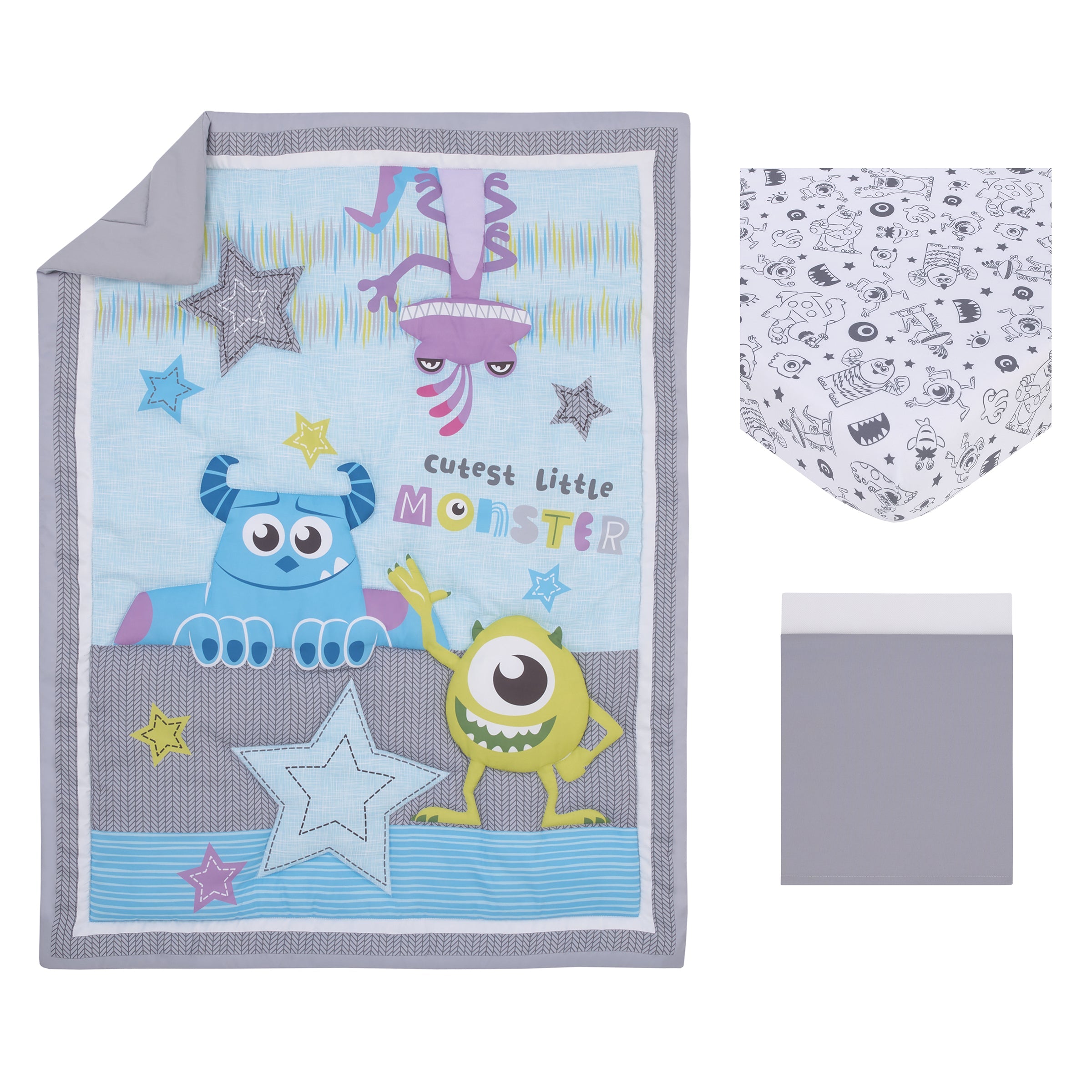 Disney Monsters, Inc. Cutest Little Monster Turquoise, Green, Purple, and Gray, Sully, Mike, and Randall 3 Piece Nursery Crib Bedding Set - Comforter, Fitted Crib Sheet, and Crib Skirt