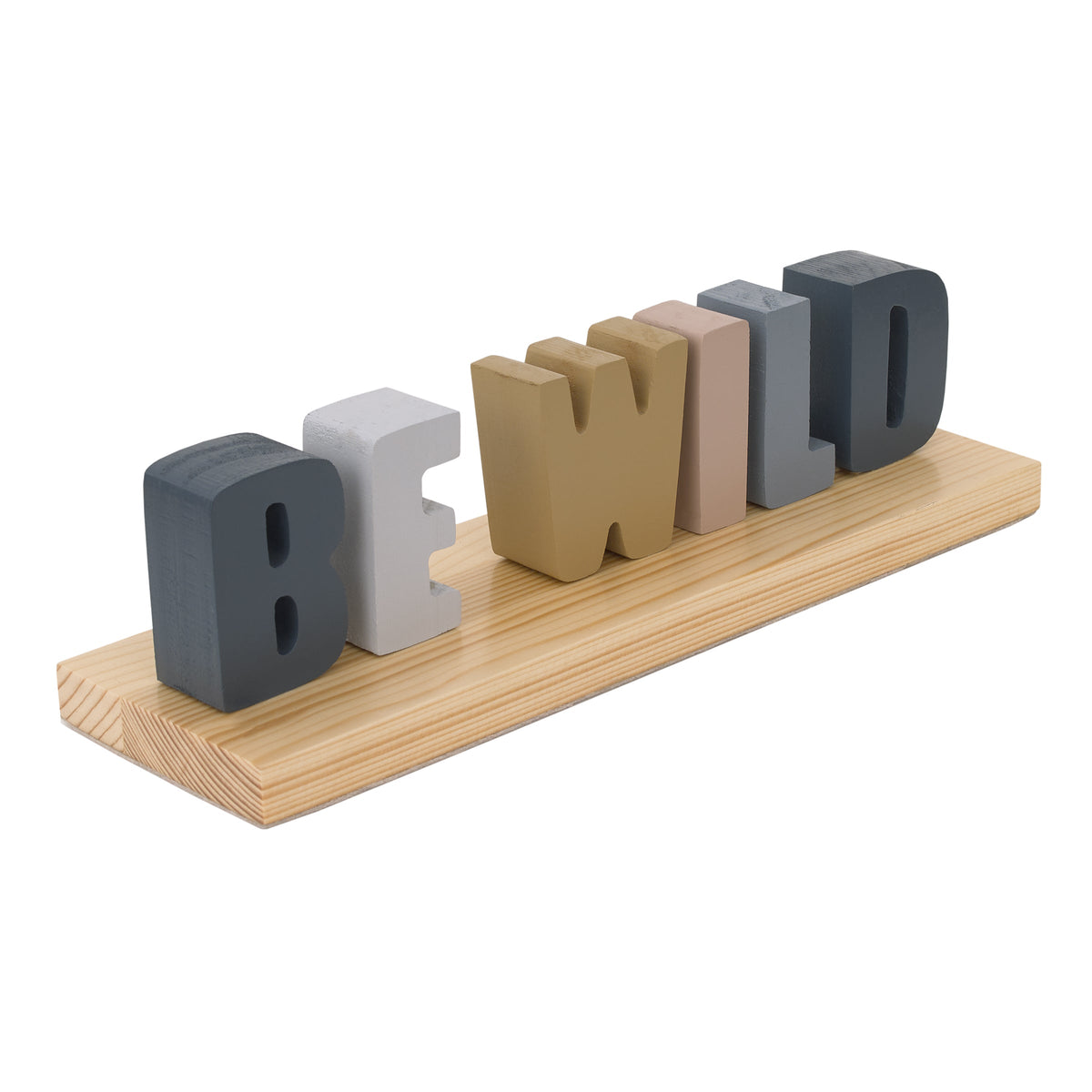 Be Wild Shelfie Room DÃ©cor Blue, Gray, Gold and Cream Letters on Natural Wood Base