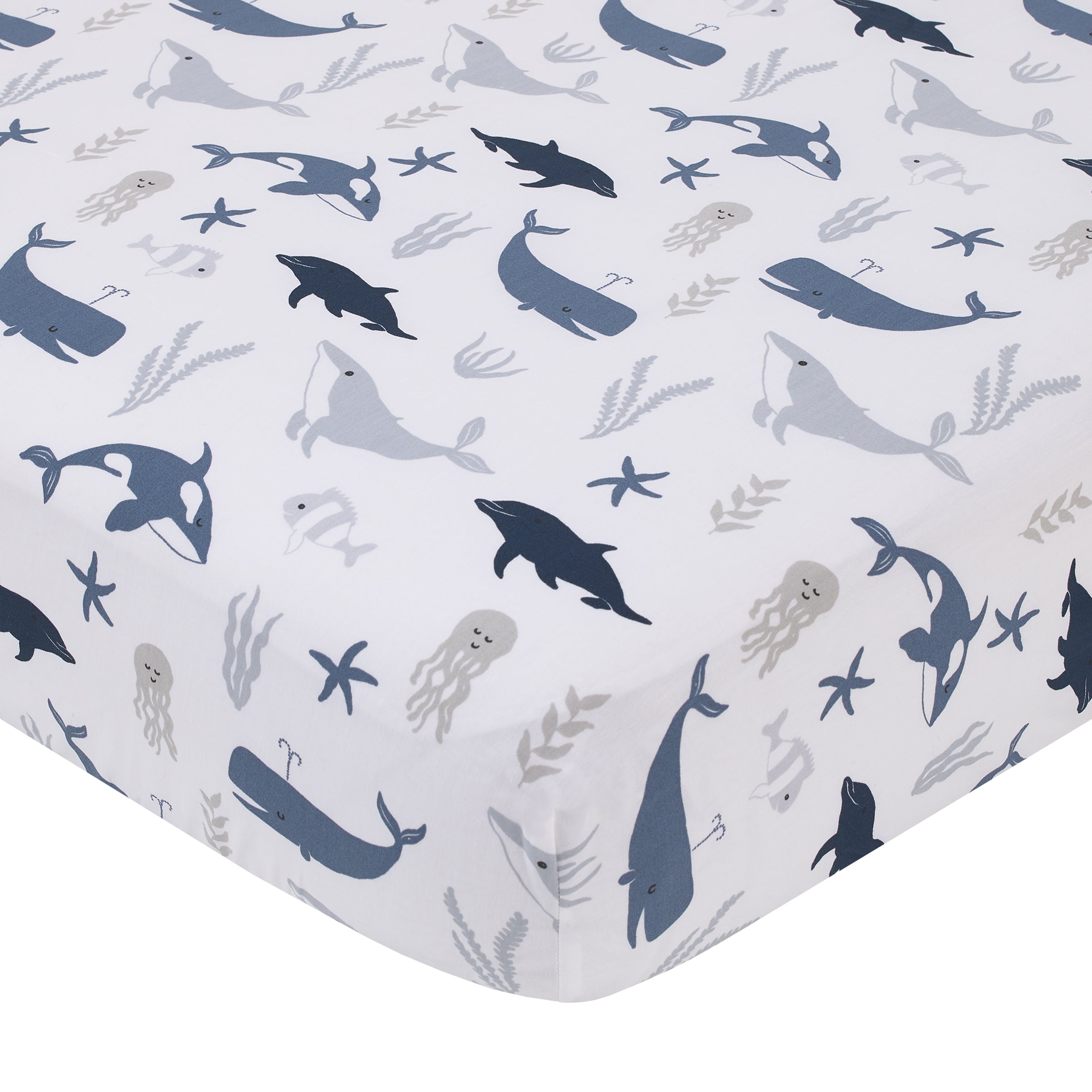Ever & Ever Marine Navy, Light Blue, Chambray, and White Ocean Friends 100% Cotton Nursery Fitted Crib Sheet