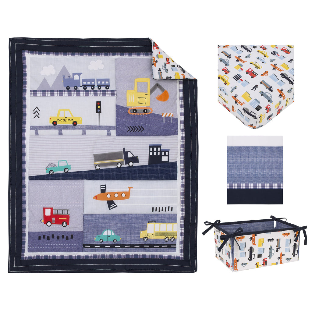 Transportation Trails Navy, Red, and Yellow Busy Cars, Trucks, Fire Engines 4 Piece Nursery Crib Bedding Set - Comforter, 100% Cotton Fitted Crib Sheet, Crib Skirt, and Nursery Organizer