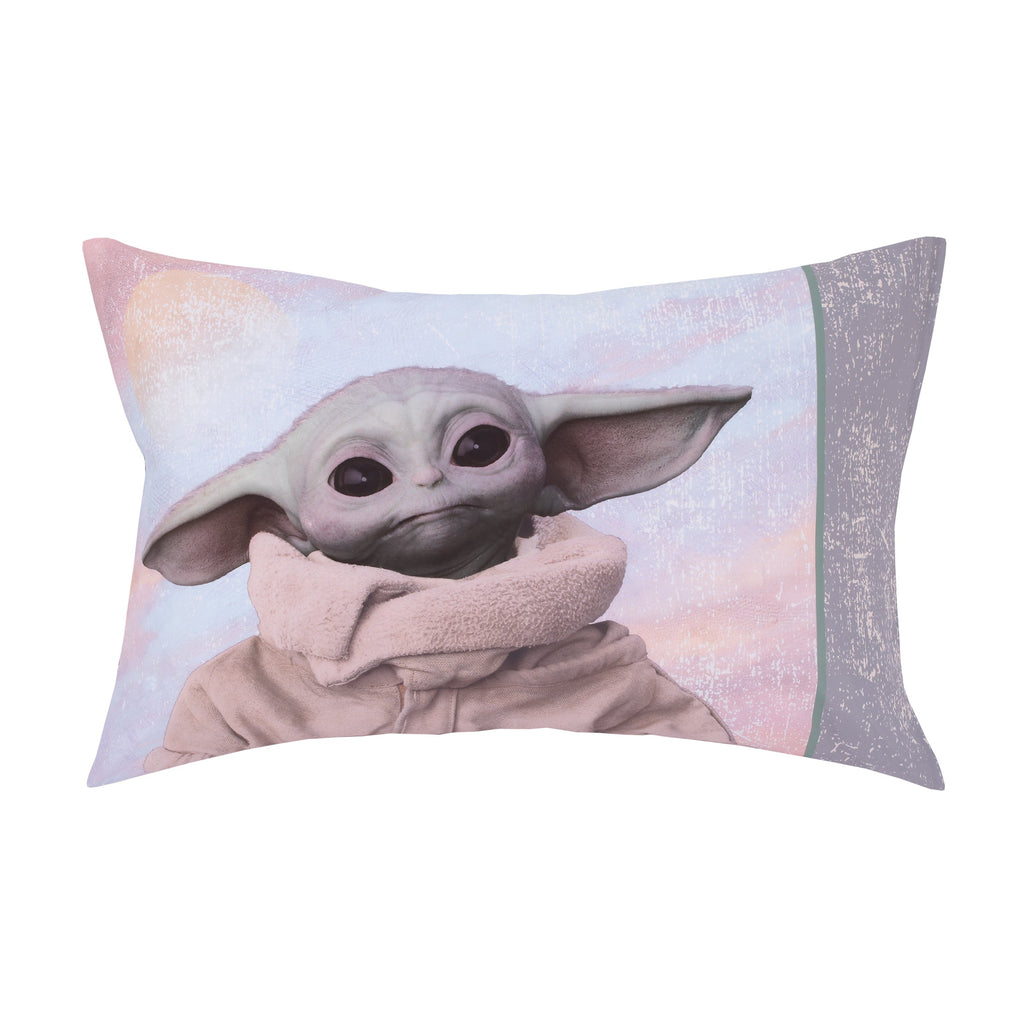 The Mandalorian "The Child" Green, Tan, White 4 Piece Toddler Bed Set - Comforter, Fitted Bottom Sheet, Flat Top Sheet, Reversible Pillowcase