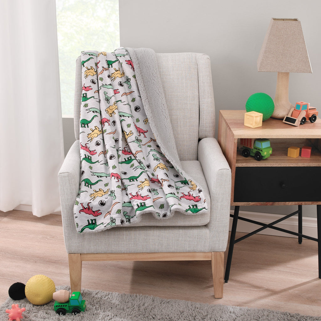 Jurassic World Grey, Green, Orange and Yellow Dinosaur Super Soft Sherpa Baby Blanket