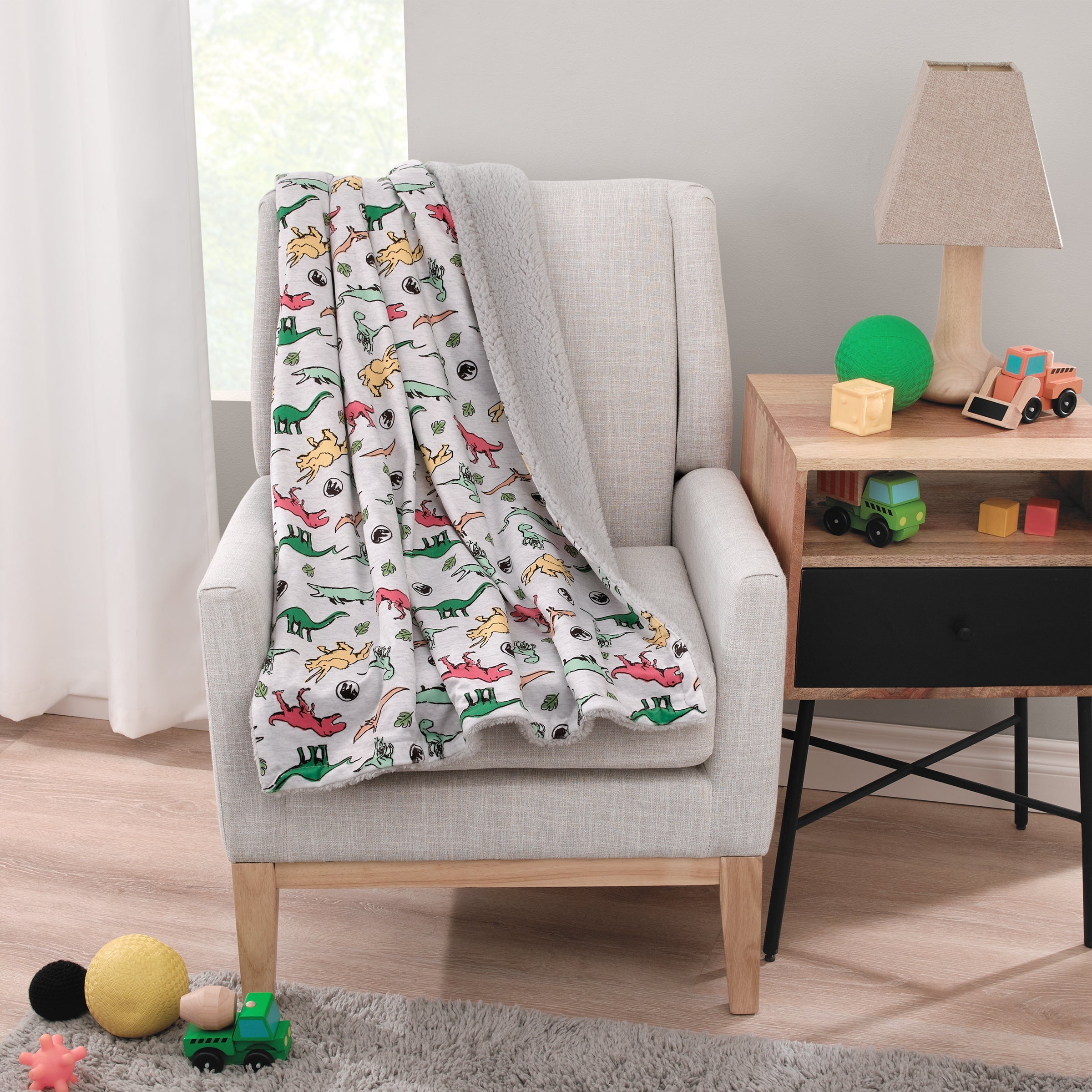 Jurassic World Grey, Green, Orange and Yellow Dinosaur Super Soft Sherpa Baby Blanket