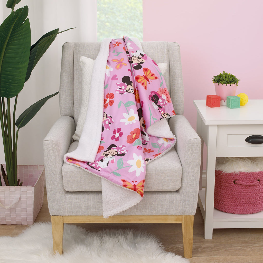 Minnie Mouse Springtime Flowers Pink Orange, Green, and White Super Soft Sherpa Baby Blanket