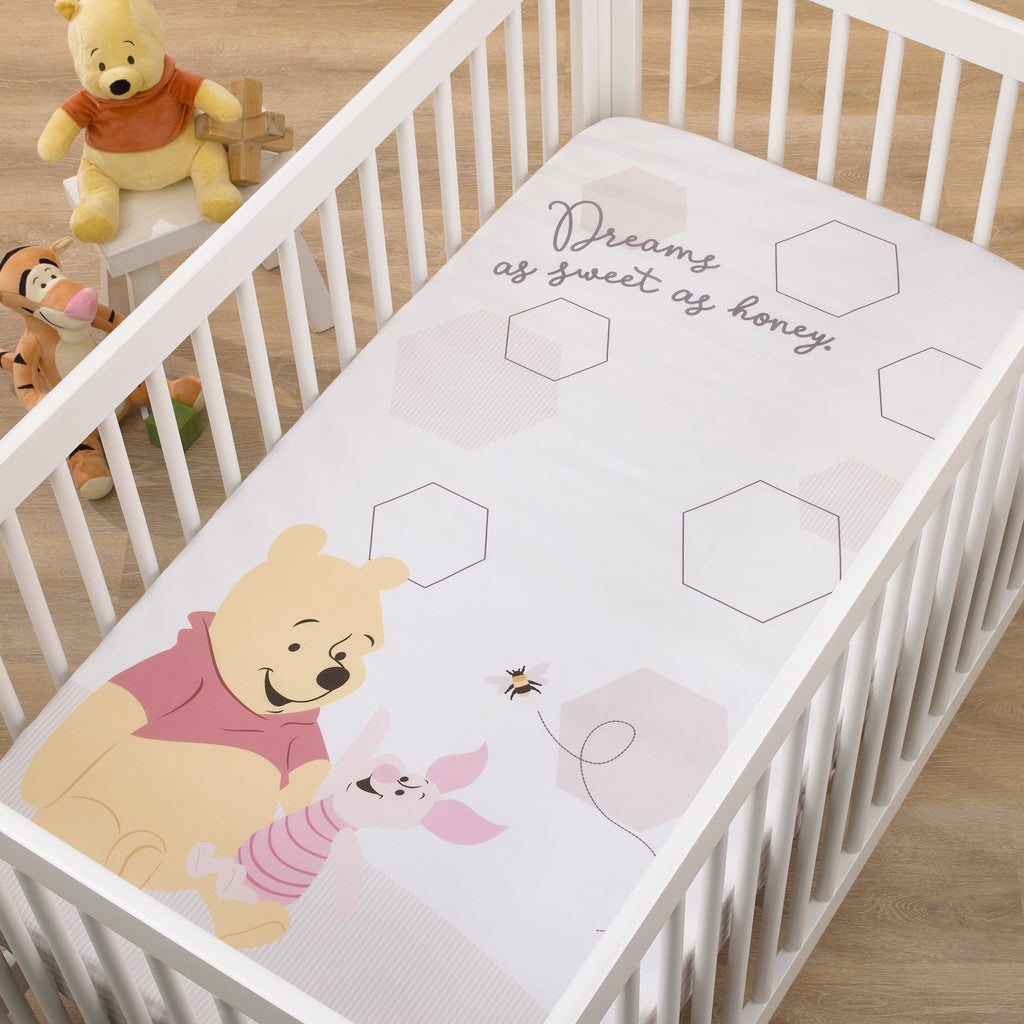 Winnie the Pooh Hugs and Honeycombs Grey and White "Dreams as Sweet as Honey" with Hexagons and Piglet 100% Cotton Photo Op Fitted Crib Sheet