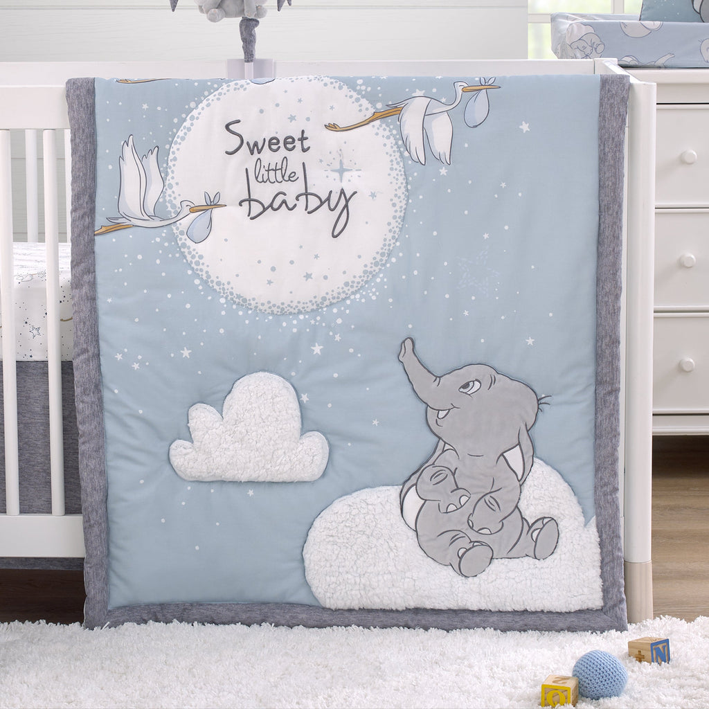 Dumbo Sweet Little Baby Light Blue, Gray, and White Storks, Stars, Clouds and Moon 3 Piece Nursery Crib Bedding Set - Comforter, 100% Cotton Fitted Crib Sheet and Crib Skirt