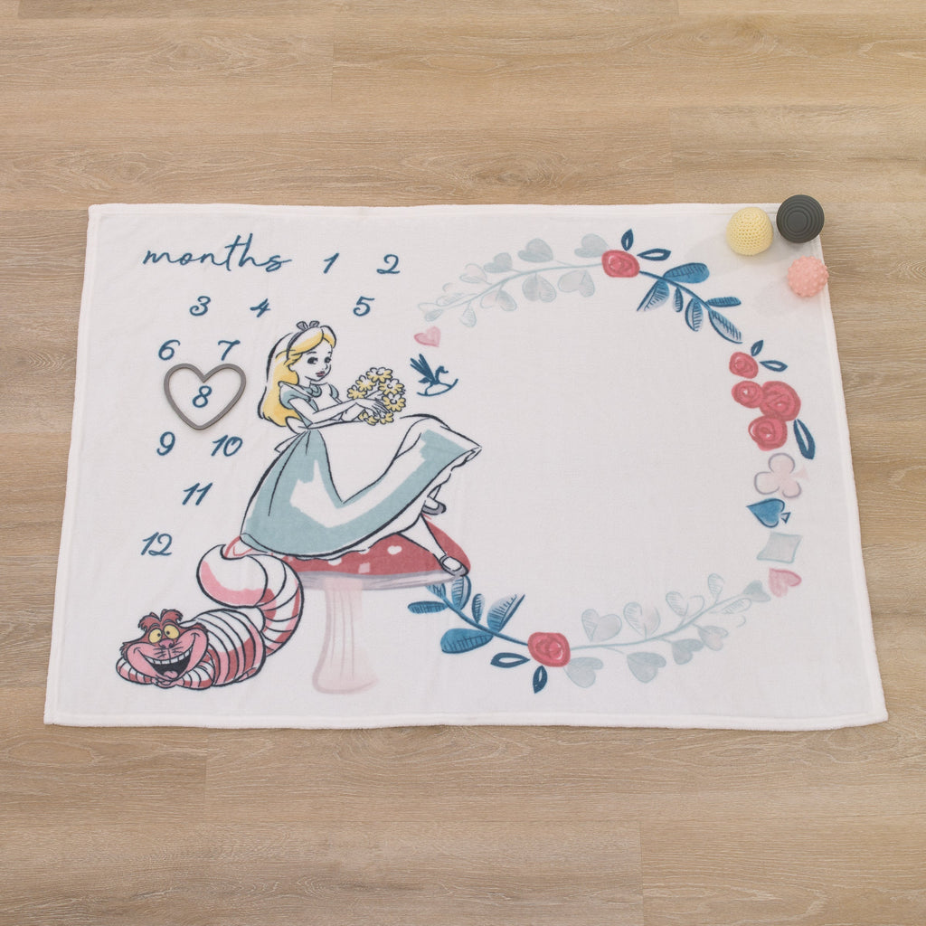 Disney Alice in Wonderland White, Pink, and Blue Cheshire Cat Super Soft Photo Op Milestone Baby Blanket