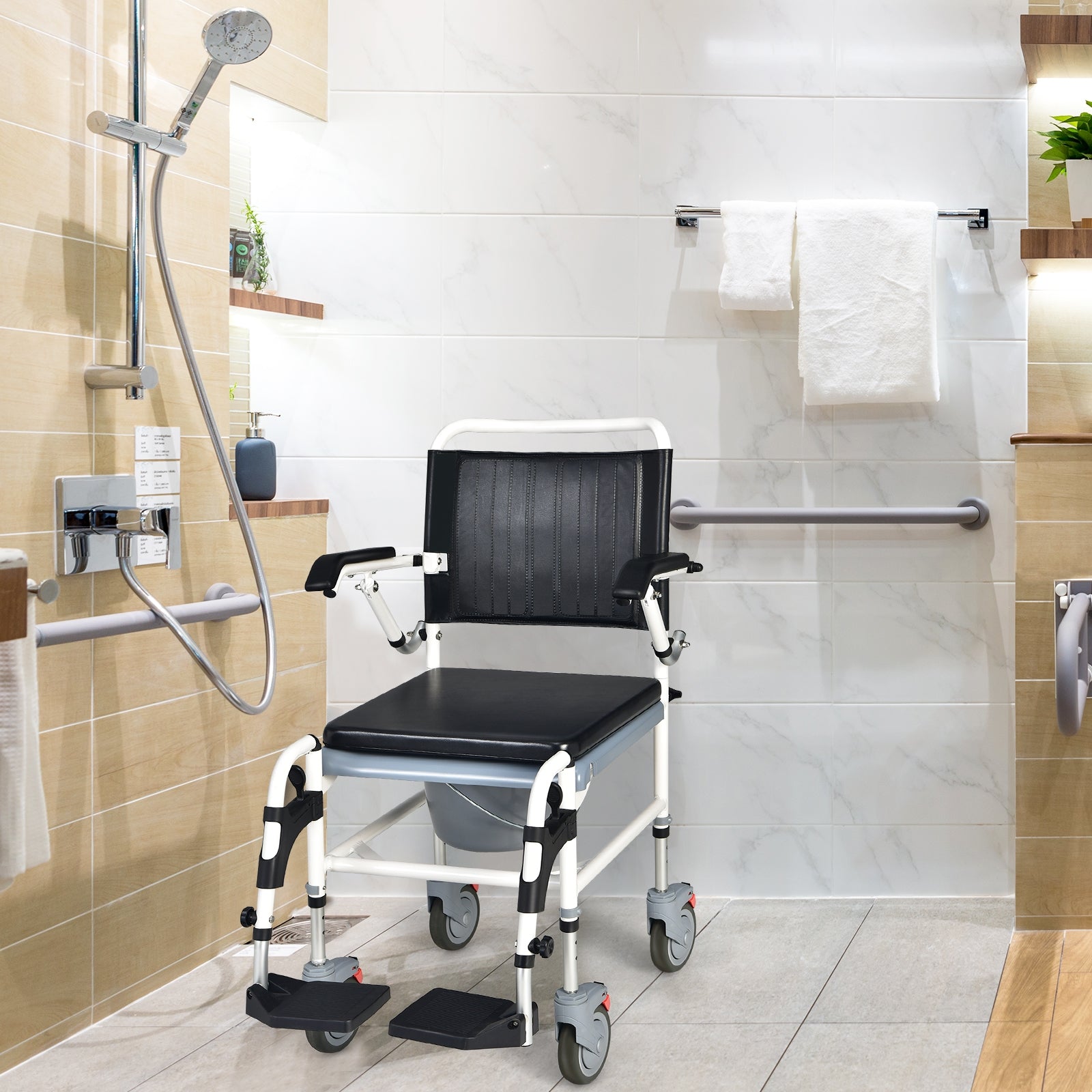 4-in-1 Bedside Commode Wheelchair with Detachable Bucket