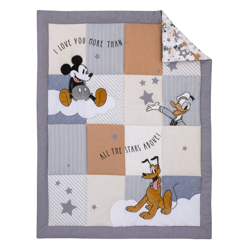 Mickey Mouse Love Mickey Gray, Navy, and Tan Donald Duck and Pluto, Clouds and Stars 3 Piece Nursery Crib Bedding Set - Comforter, Fitted Crib Sheet, and Crib Skirt