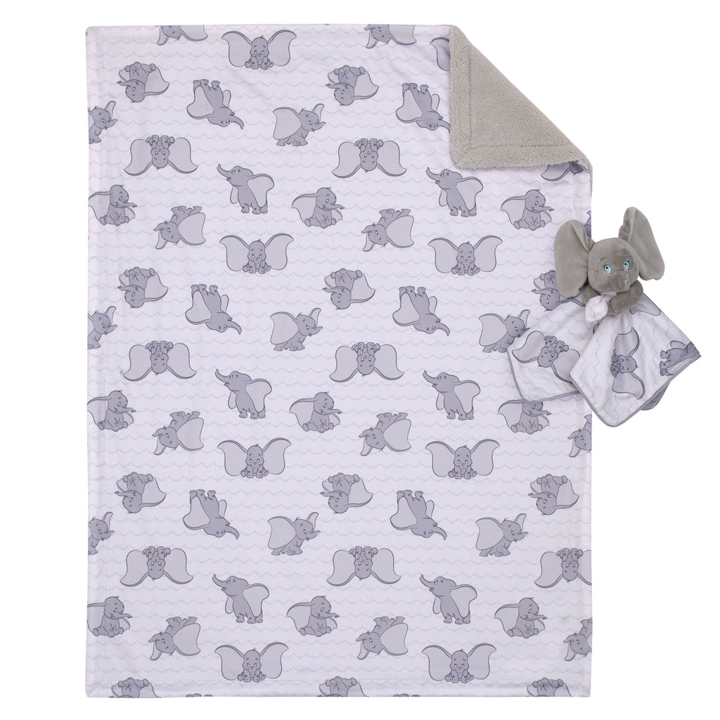 Dumbo Gray and White Super Soft Sherpa Baby Blanket and Security Blanket 2-Piece Gift Set