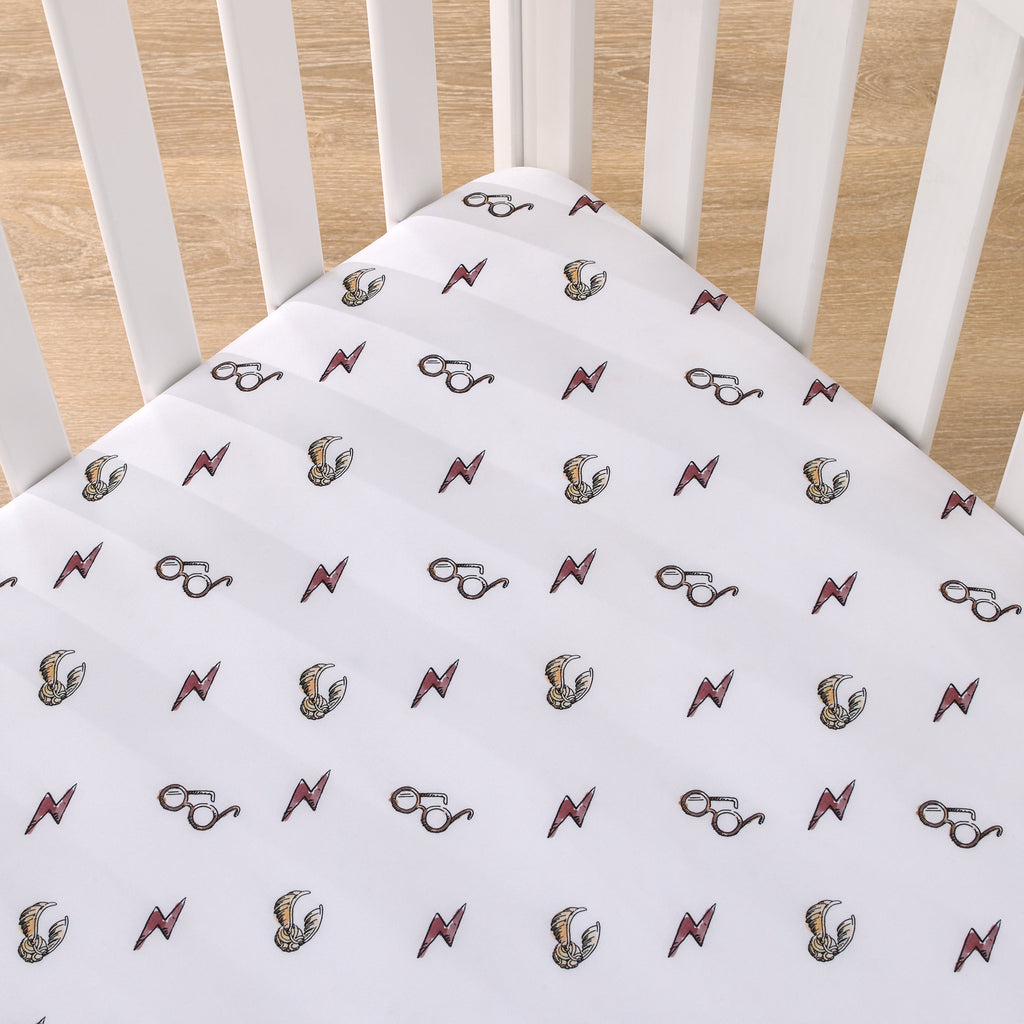 Harry Potter White, Red, and Gold Lightning Bolt, Golden Snitch and Glasses Nursery Fitted Mini Crib Sheet