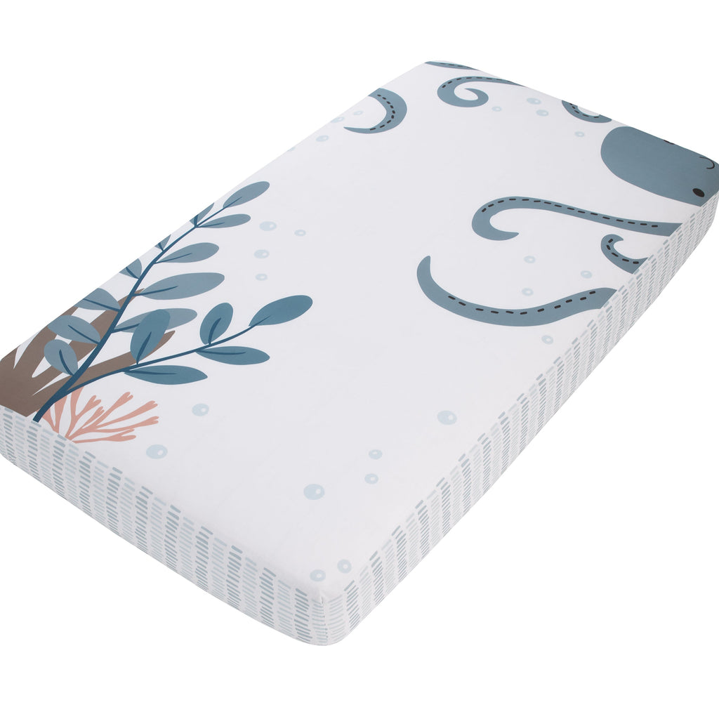 Explore Dream Discover Light Blue, Navy, and White Octopus 100% Cotton Nursery Photo Op Fitted Crib Sheet