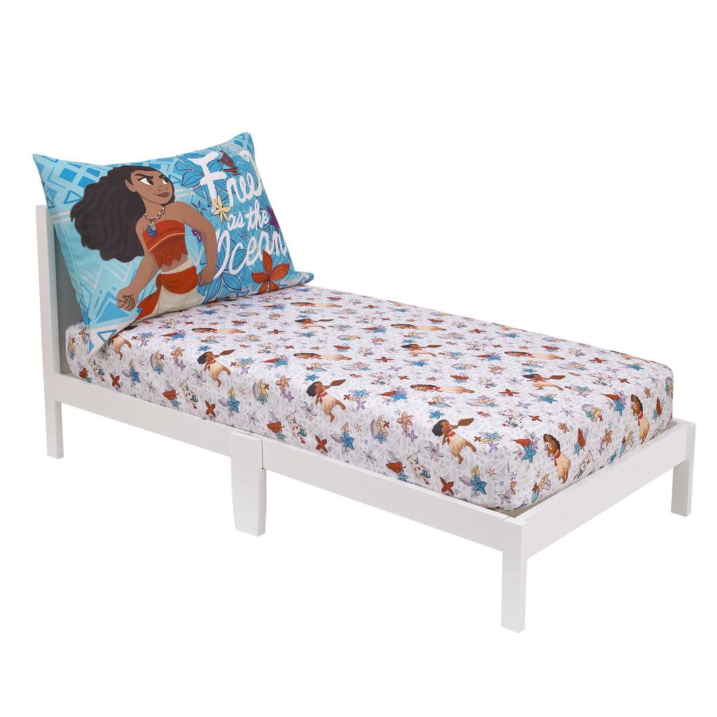 Disney Moana Free as the Ocean Aqua, Purple, Orange, and White Tropical 2 Piece Toddler Sheet Set - Fitted Bottom Sheet and Reversible Pillowcase